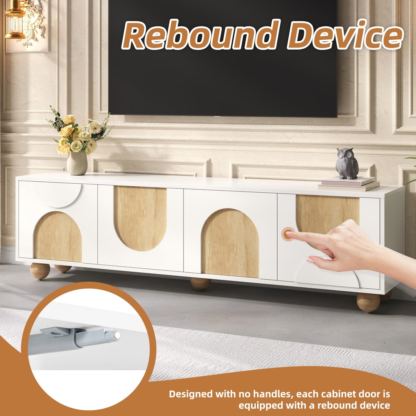 Farmhouse TV Stand with Cable Holes for TVs up to 75', Cream Style Media Console with Rebound Device, Elegant Entertainment Center with 5 Solid Wood Legs for Living Room, Bedroom, White, 69.6'W