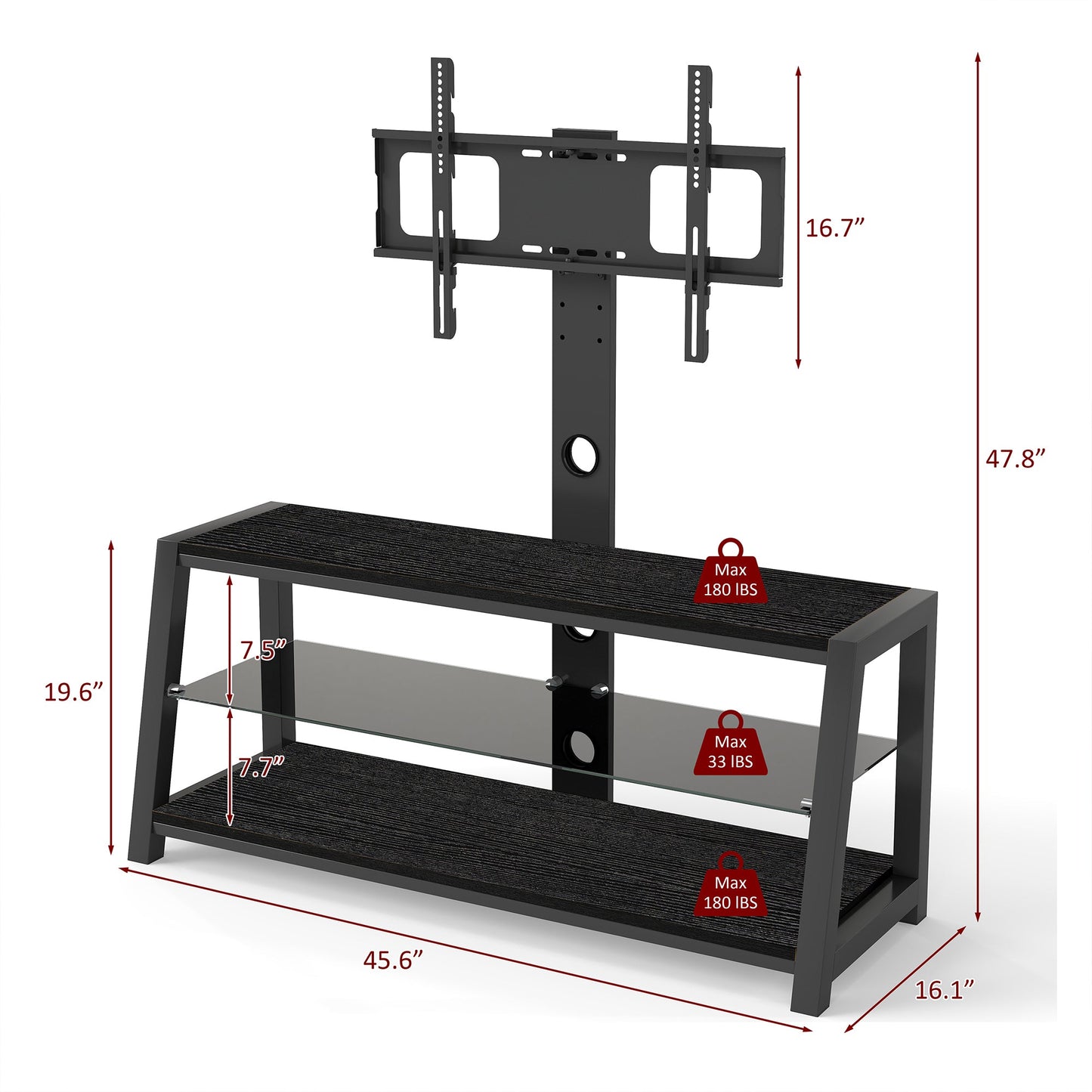Wooden Storage TV Stand Black Tempered Glass Height Adjustable Universal Swivel Entertainment Center With Mount TV Stand,black