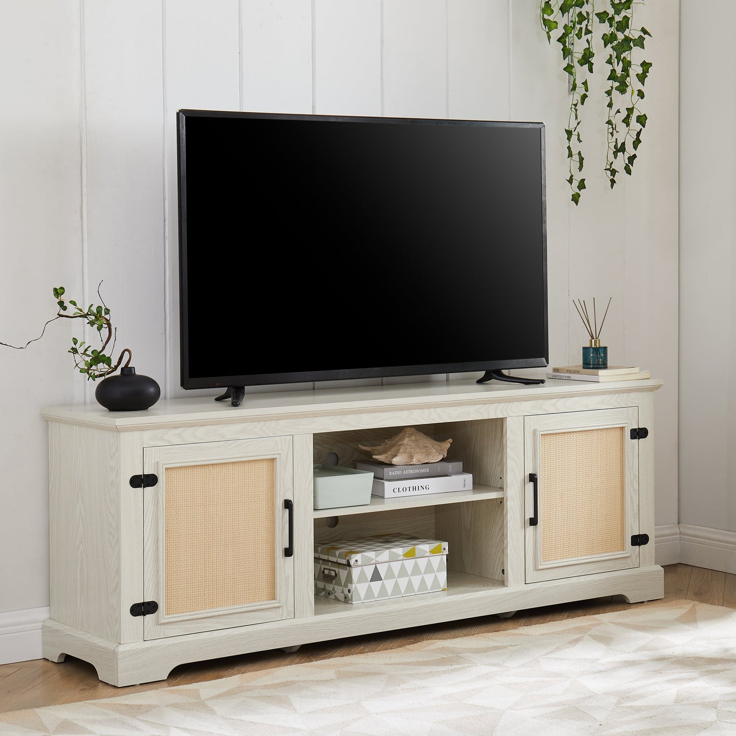 Farmhouse Rattan TV Stand Console Table for TVs up to 70 Inches, TV Console Table with 2 Storage Shelves, 2 Natural Rattan Door Cabinets,65'W*15.55'D*23.86'H, White