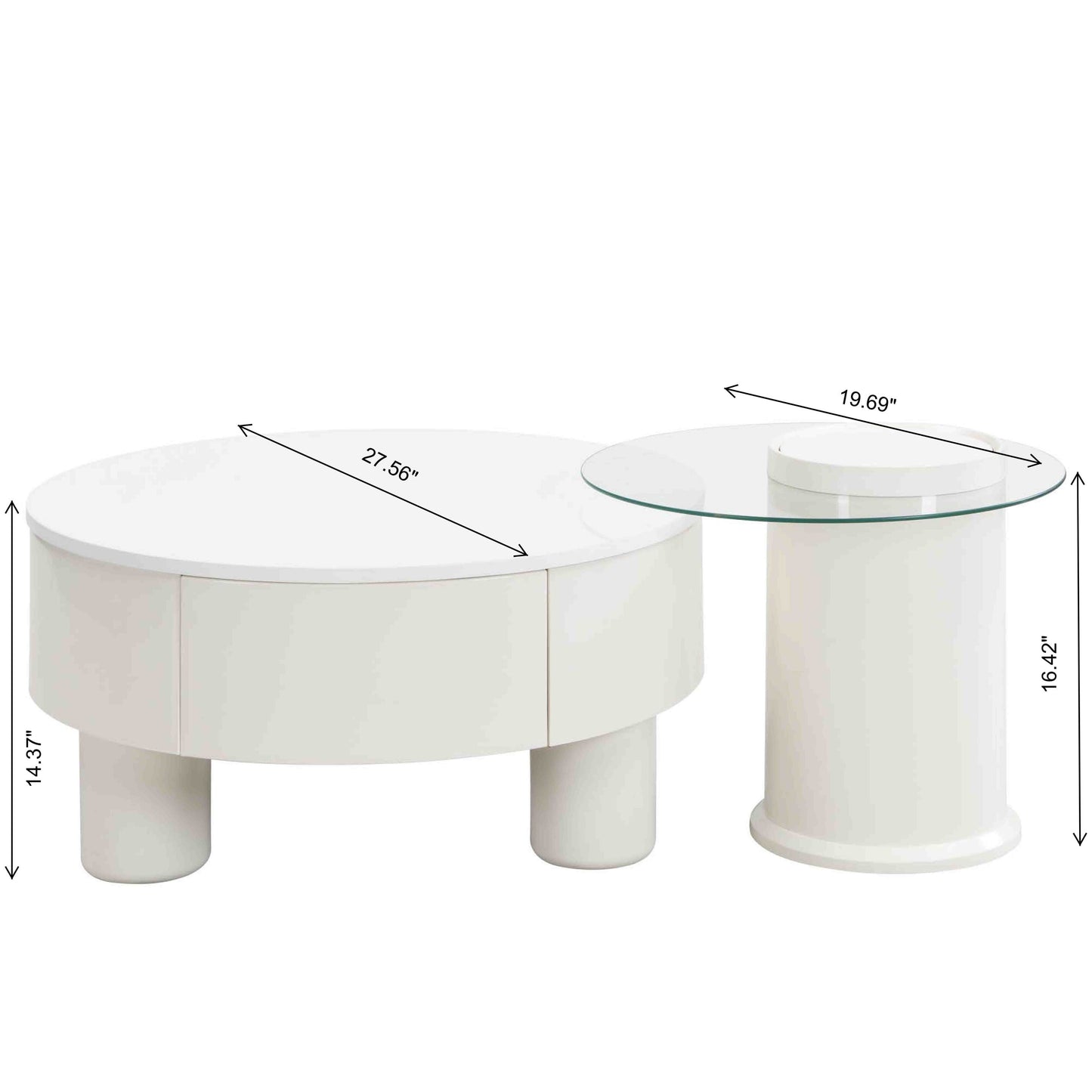 Round Nesting Coffee Table Set of 2, Coffee Table with Storage Drawer, White Plastic Center Table for Living Room, Large 27.56'', Small 19.69''