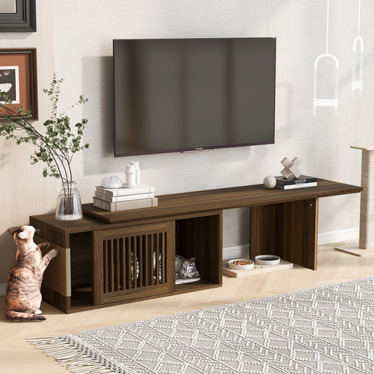 Mid-Century Modern 2 in 1 Cat Furniture Walnut TV Stand With Extendable table,  Litter Box Enclosure with Cat Scratcher