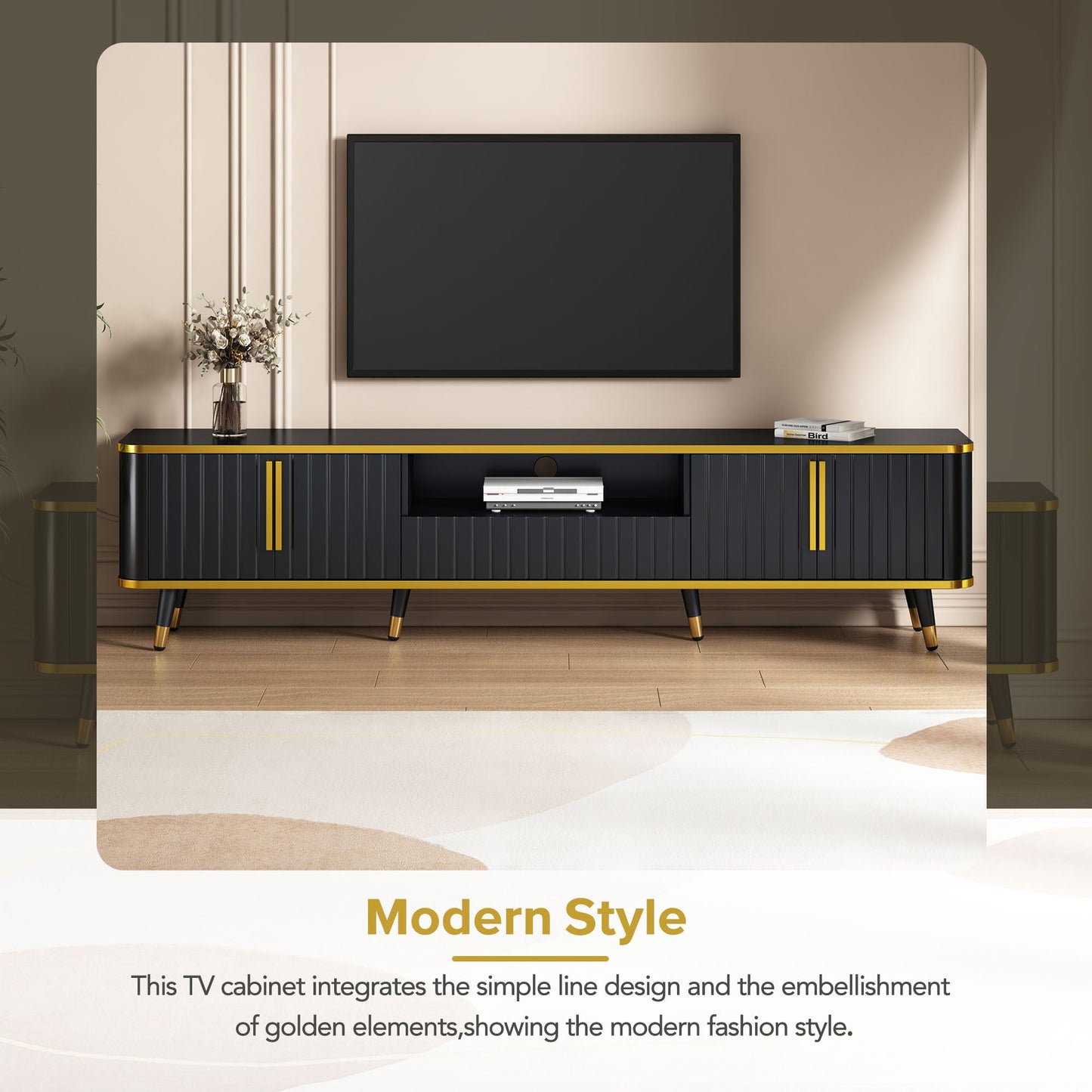 ON-TREND Luxury Minimalism TV Stand with Open Storage Shelf for TVs Up to 85', Entertainment Center with Cabinets and Drawers, Practical Media Console with Unique Legs for Living Room, Black