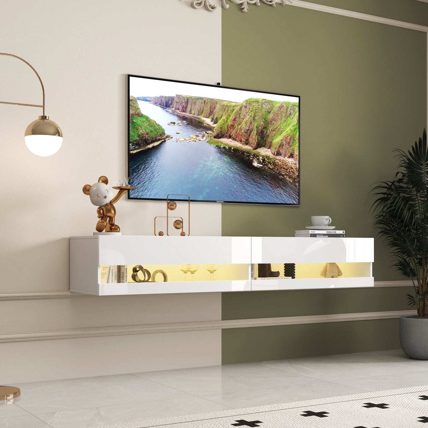 180 Wall Mounted Floating 80' TV Stand with 20 Color LEDs  and  Charging Station