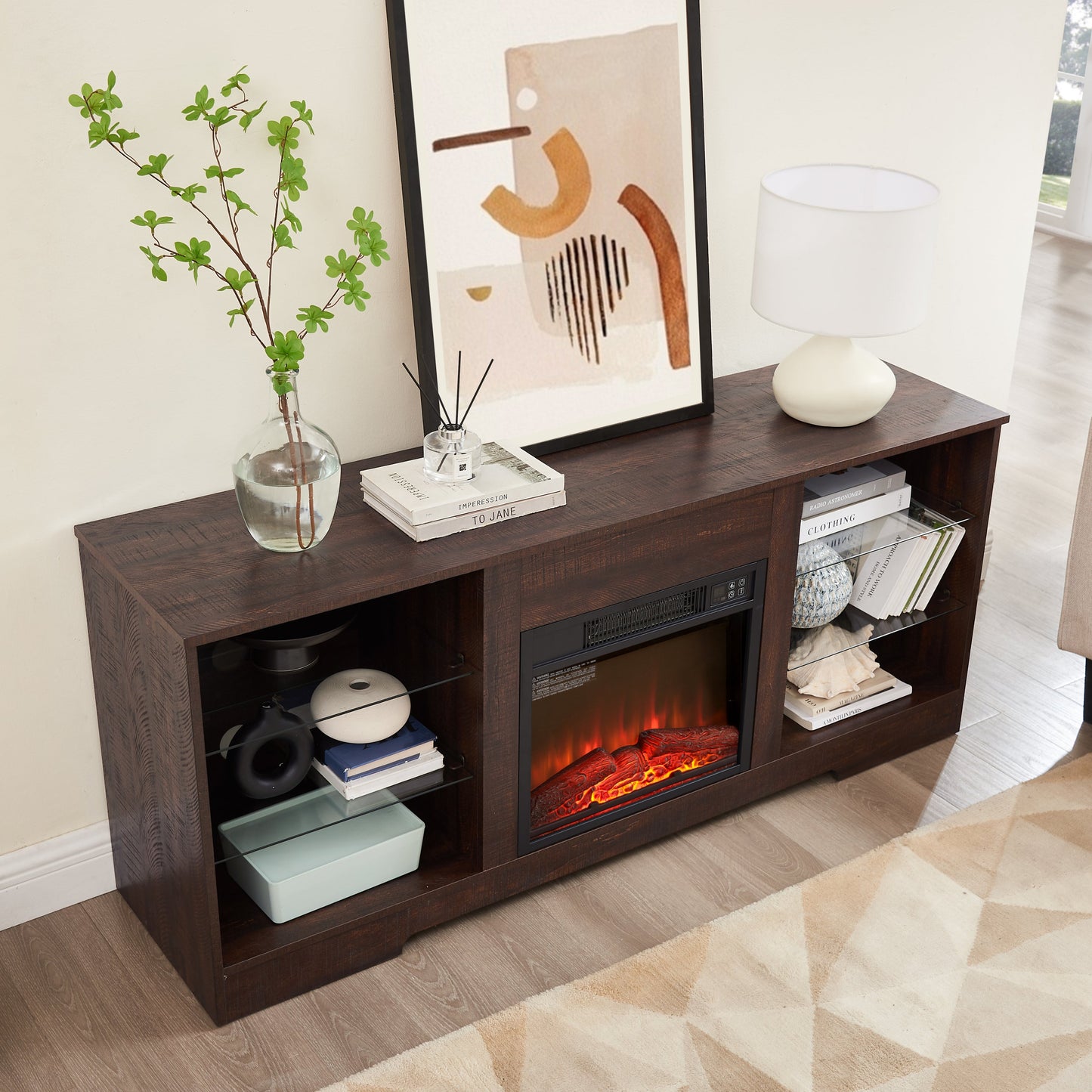 TV Stand Electric Fireplace  Glass Shelves, 3D Fireplace TV Stand with LED Lights Wood with USB Charging Outlet Modern Television Table Center for TV up to 62' ESP, 58''W*15.5''D*24.4