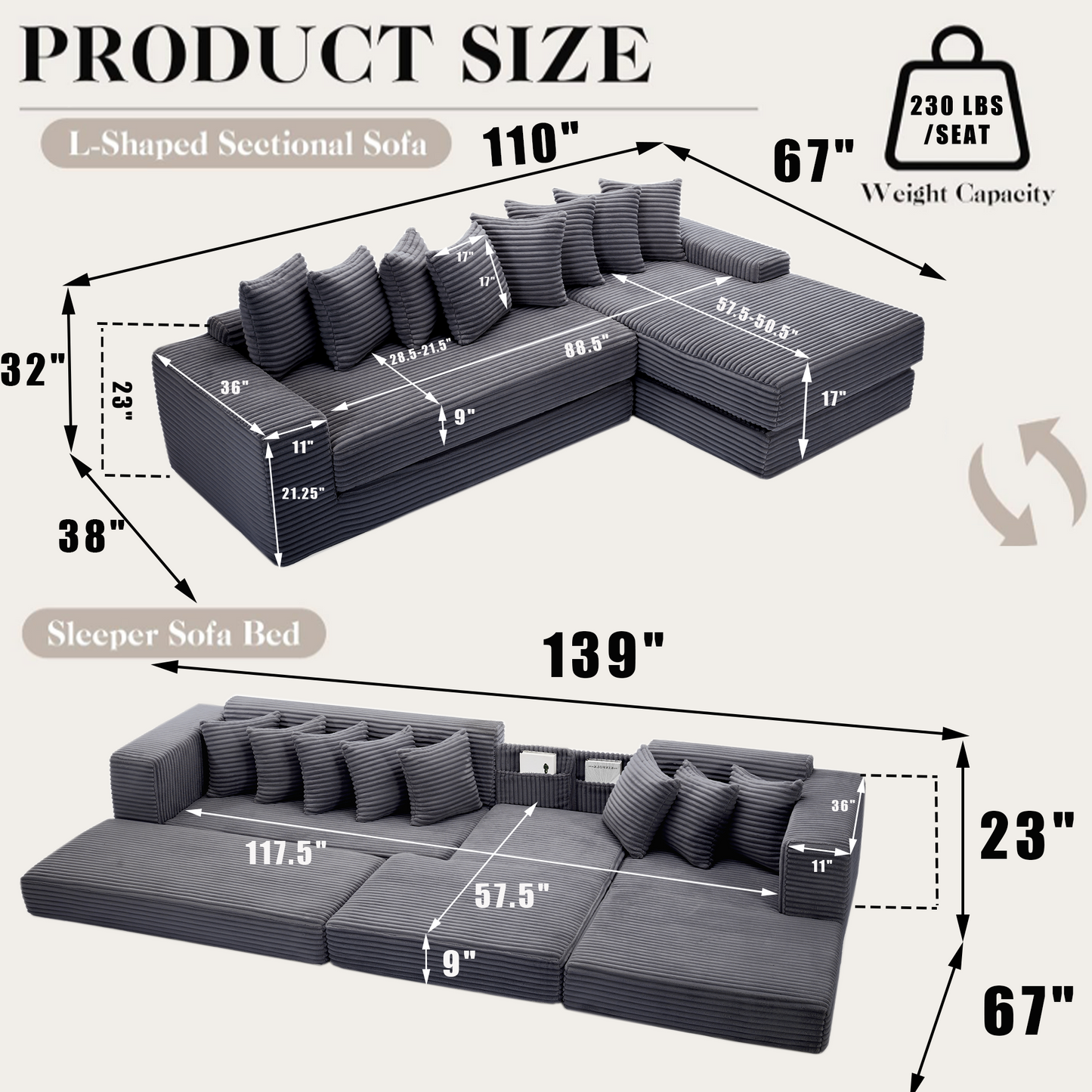 [NEW ARRIVED] [VIDEO PROVIDED] Oversize Cloud Couch, L-Shape Sofa, Convertible Floor Sleeper Sofa Bed, No Assembly ,Eight pillows,3-in-1,Magazine bag,(Right Facing Sofa),3 Seat,Corduroy,Dark Gray