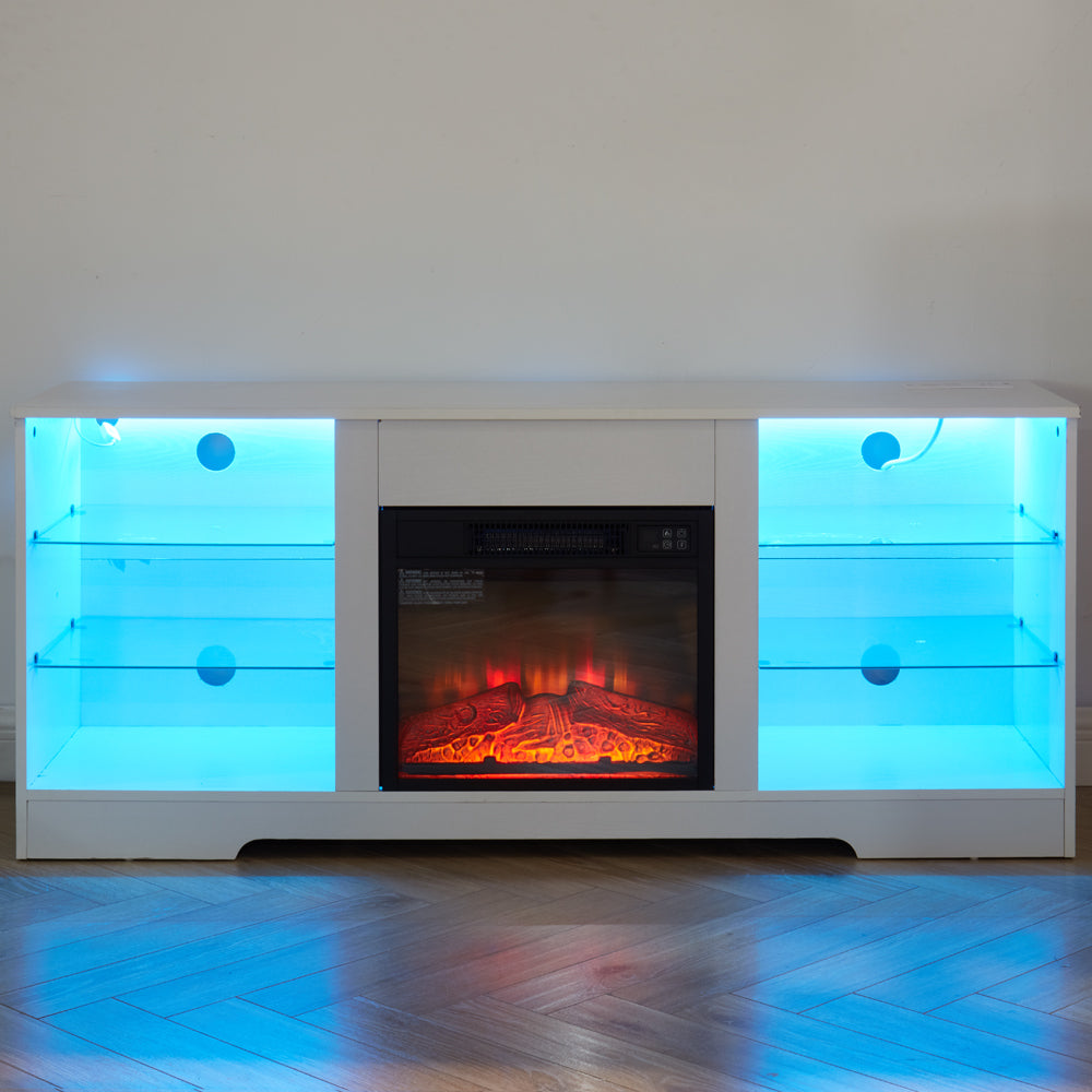 TV Stand Electric Fireplace TV Stand with Glass Shelves, 3D Fireplace TV Stand with LED Lights Wood with USB Charging Outlet Modern Television Table Center for TV up to 32-62' White 58''W*15.4''D*24.4
