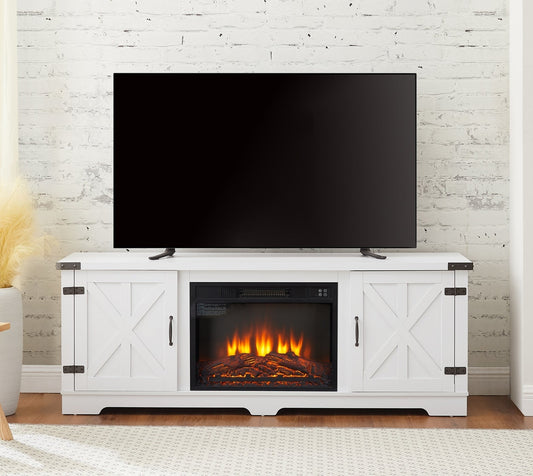 Modern Farmhouse TV Media Stand, Large Barn Inspired Home Entertainment Console, with 23' Fireplace Insert, for TV Up to 70'', with Open Shelves and Closed Cabinets, White, 64.8'W*15.67'D*24.29'H