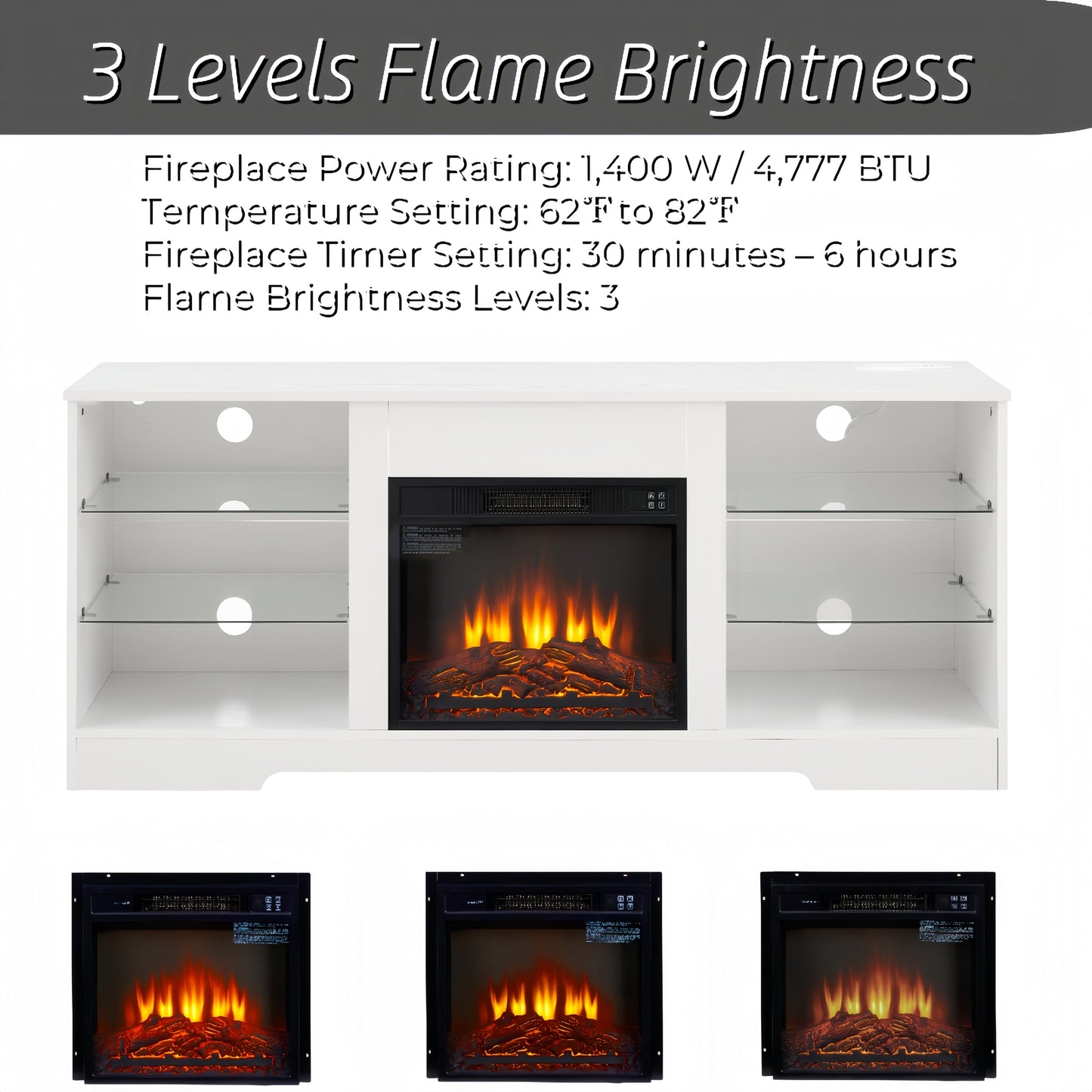 TV Stand Electric Fireplace TV Stand with Glass Shelves, 3D Fireplace TV Stand with LED Lights Wood with USB Charging Outlet Modern Television Table Center for TV up to 32-62' White 58''W*15.4''D*24.4