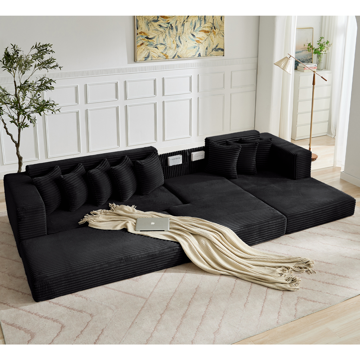 [NEW ARRIVED] [VIDEO PROVIDED] Oversize Cloud Sectional Couch, L-Shape Sofa, Convertible Floor Sleeper Sofa Bed, No Assembly,Eight pillows,3-in-1,Magazine bag,(Right Facing Sofa),3 Seat,Corduroy,Black