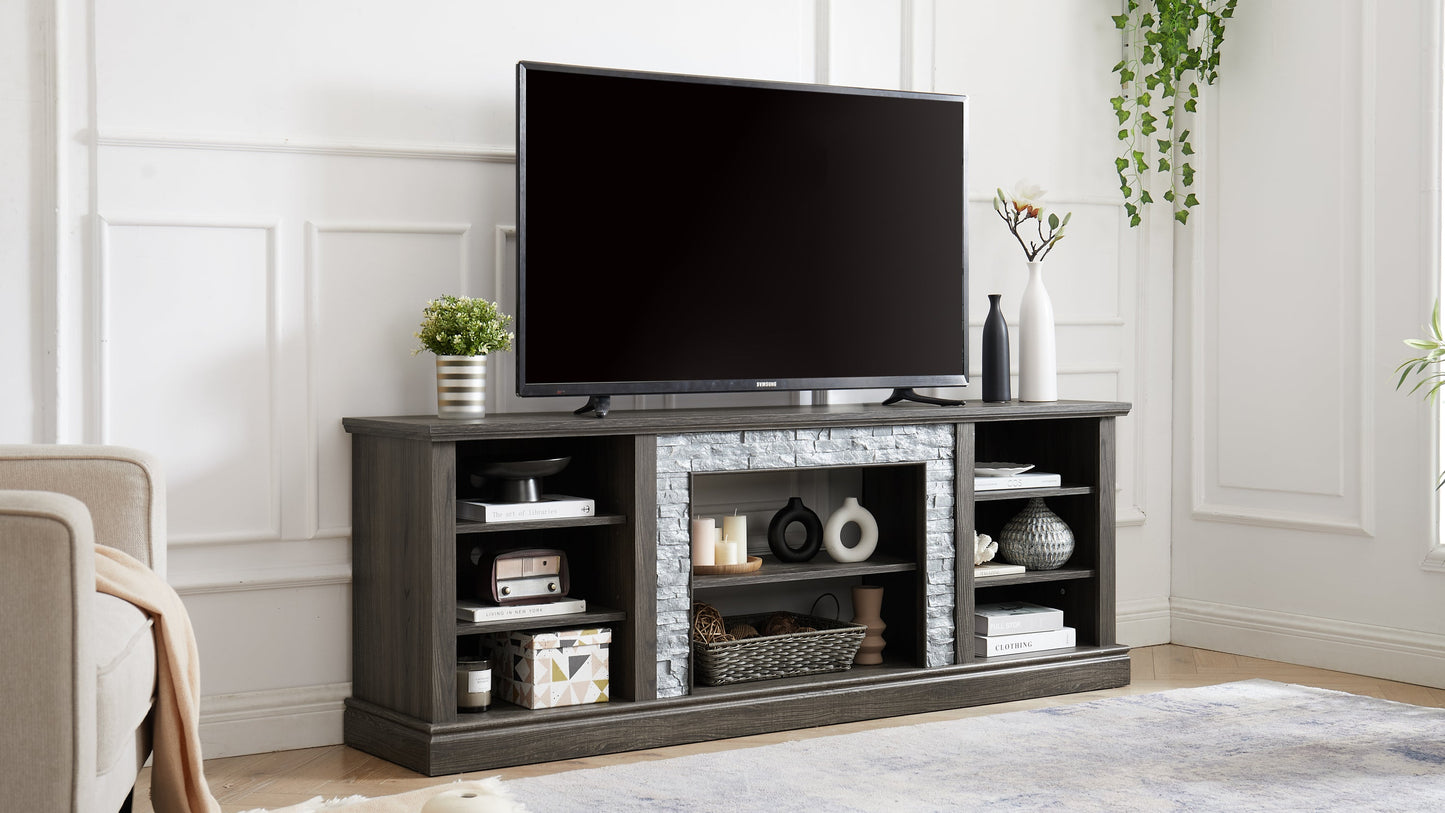 Large TV Stand TV Desk Storage Rack with Faux Stacked Stone Surround,Media Console Table with Large Storage Cabinet,Modern TV Media Entertaionment Stand,GREY, 70.12'W*15.35'D*25.83'H