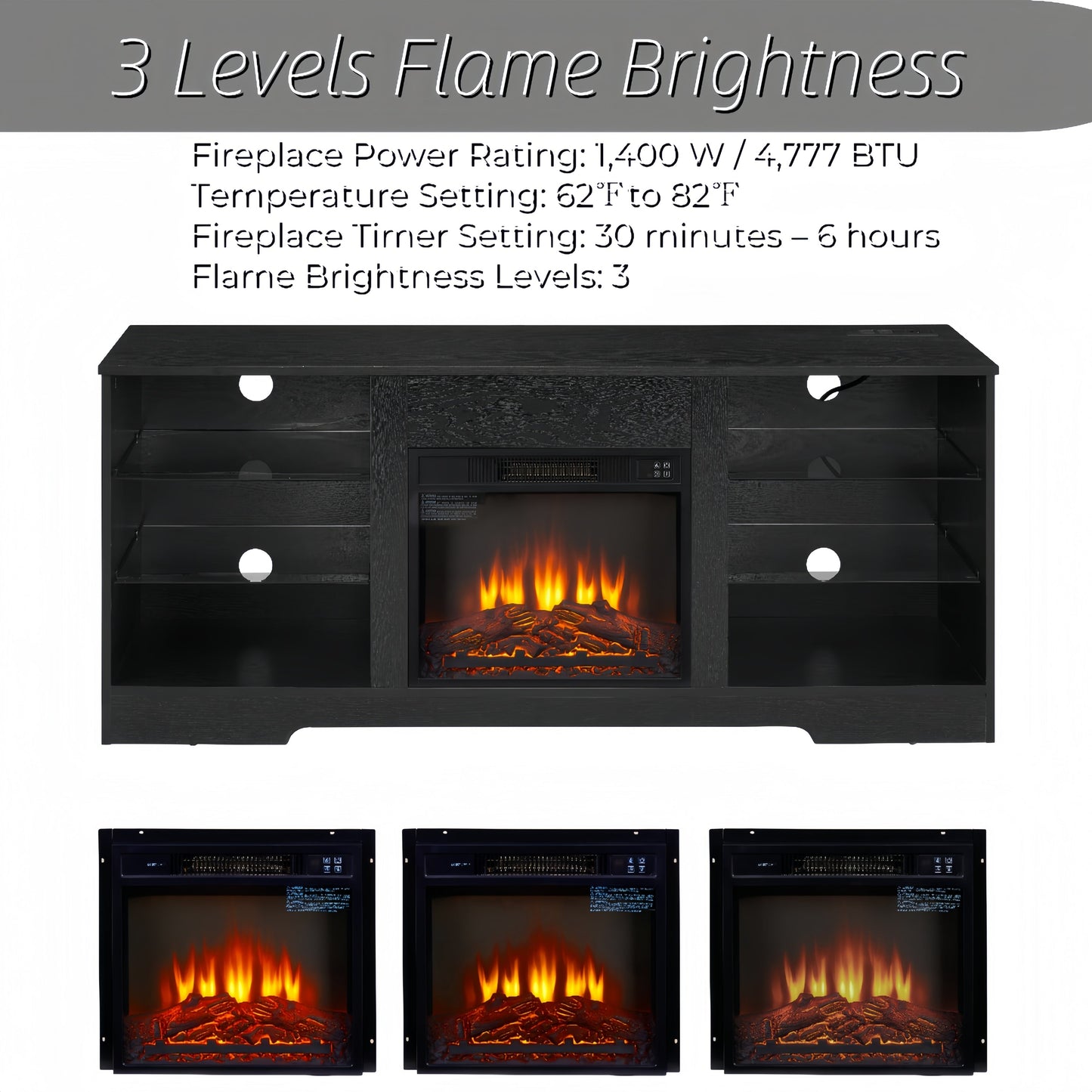 TV Stand Electric Fireplace TV Stand with Glass Shelves, 3D Fireplace TV Stand with LED Lights Wood with USB Charging Outlet Modern Television Table Center for TV up to 32-62' Black 58''W*15.4''D*24.4