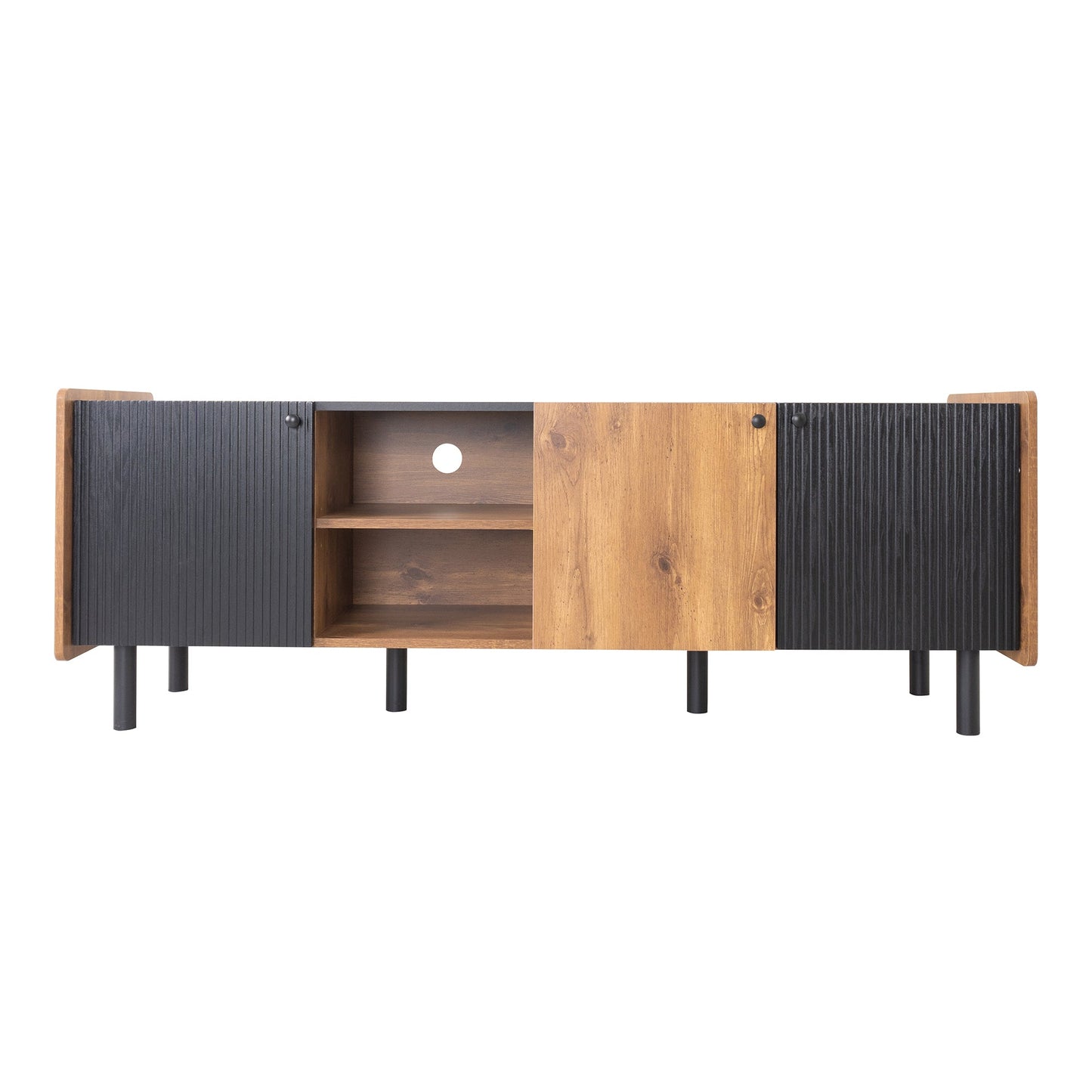 Mid Century TV Stand with 3 Cabinets, Media Console Table for TVs up to 70'', Entertainment Center with Storage for Living room, Bedroom, Black Color Top Panel & Handle