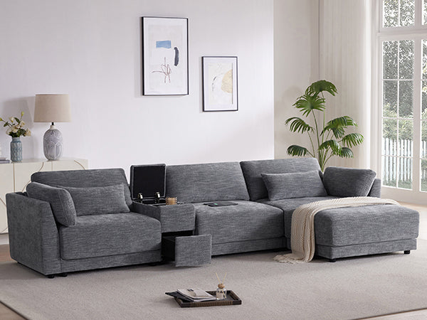 [VIDEO+NEW]124'' Modular Sectional Sofa with Storage Console and Movable Ottoman,33'' Wide Seat,4 Seat L Shaped Chenille Couch,Reversible Comfy Sofa with USB Charger for Living Room,Apartment,2 Colors