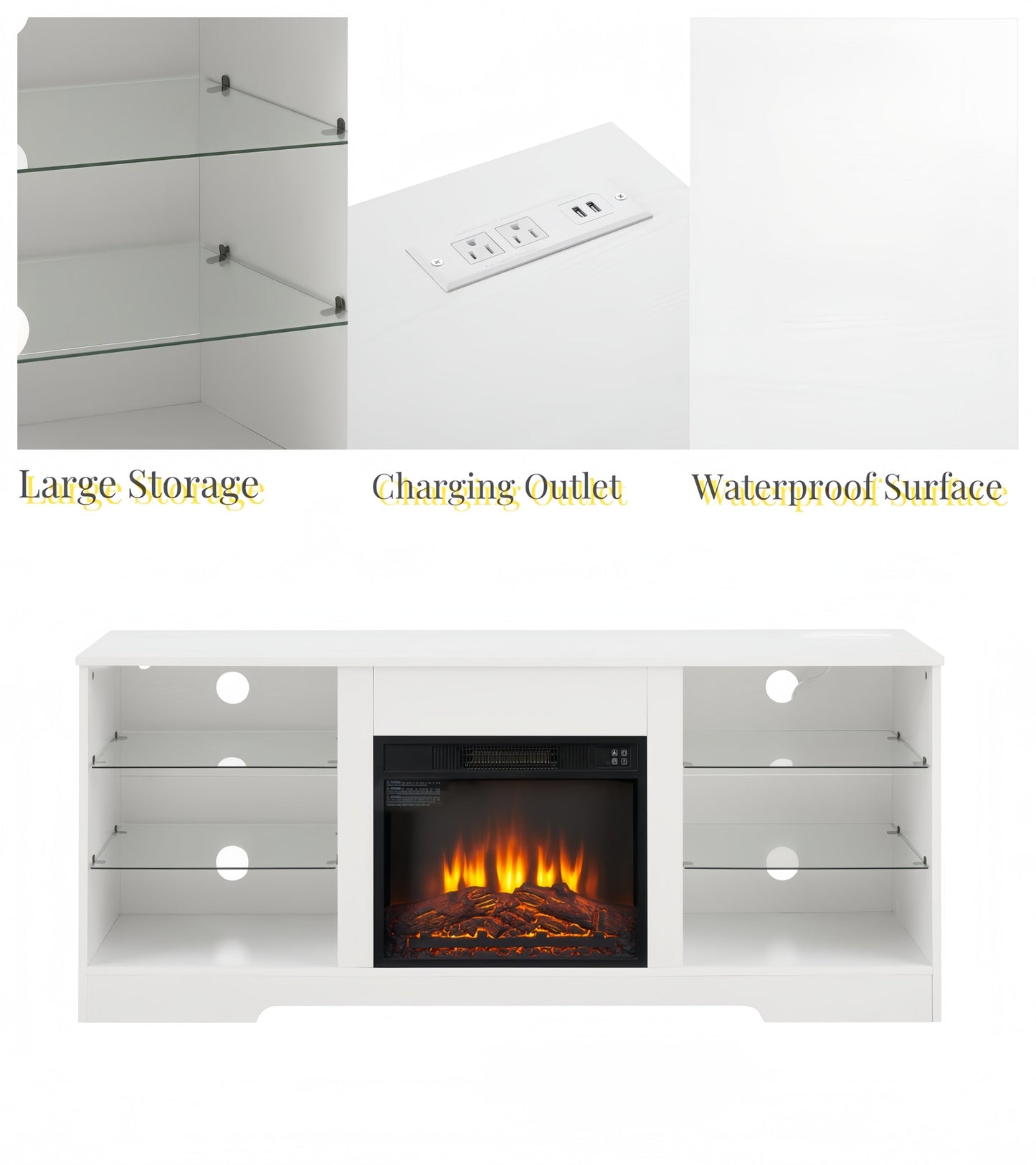 TV Stand Electric Fireplace TV Stand with Glass Shelves, 3D Fireplace TV Stand with LED Lights Wood with USB Charging Outlet Modern Television Table Center for TV up to 32-62' White 58''W*15.4''D*24.4