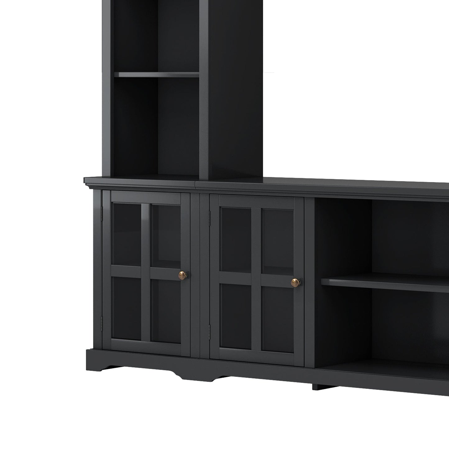 [VIDEO provided] ON-TREND Minimalism Entertainment Wall Unit with Bridge, Modern TV Console Table for TVs Up to 70', Multifunctional TV Stand with Tempered Glass Door, Black (Old SKU: SD000009AAB)
