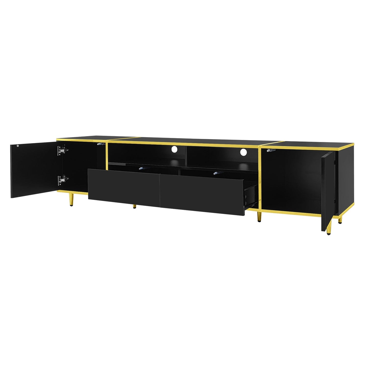 U-Can 70.9'' Modern TV Stand for TVs up to 80 Inches, Entertainment Center with 2 Shelves and LED Lights, TV Storage Cabinet with 2 Drawers, 2 Cabinets and Metal Legs for Living room