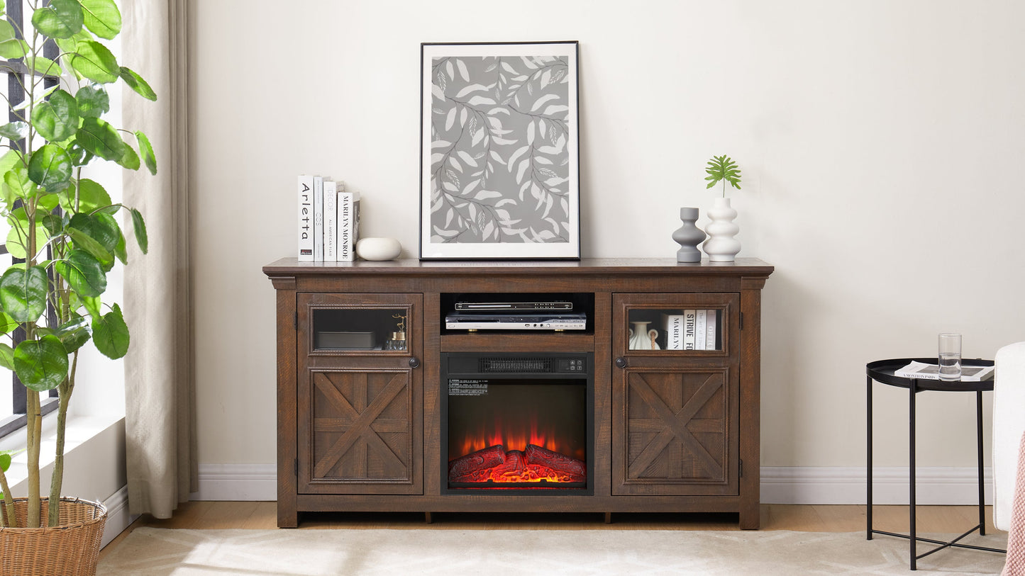 2 Doors Cabinet Farmhouse  Cabinet, Farmhouse TV Stand Barn Design,Farmhouse TV Media Stand, Large Barn Inspired Home Entertainment Console with 18' fireplace insert,Espresso,60.23'W*15.35'D*31.7'H
