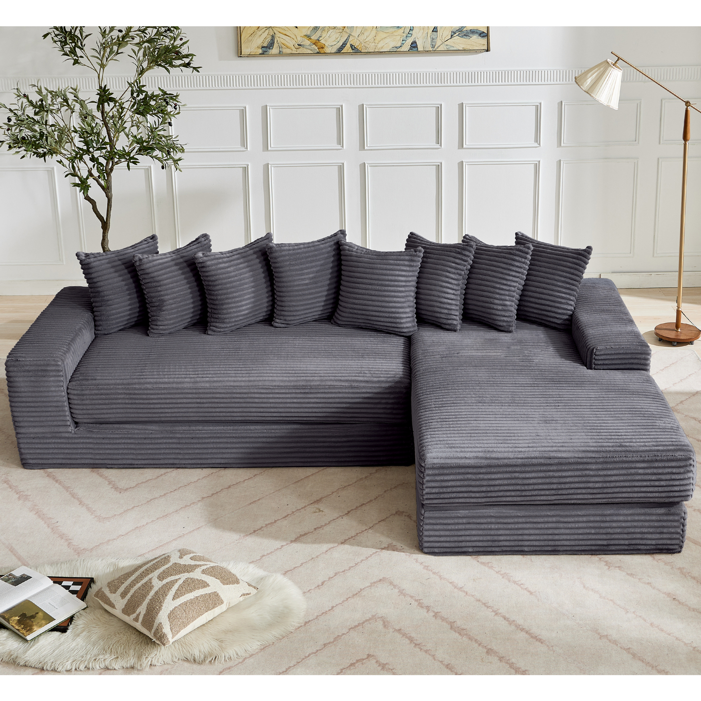 [NEW ARRIVED] [VIDEO PROVIDED] Oversize Cloud Couch, L-Shape Sofa, Convertible Floor Sleeper Sofa Bed, No Assembly ,Eight pillows,3-in-1,Magazine bag,(Right Facing Sofa),3 Seat,Corduroy,Dark Gray