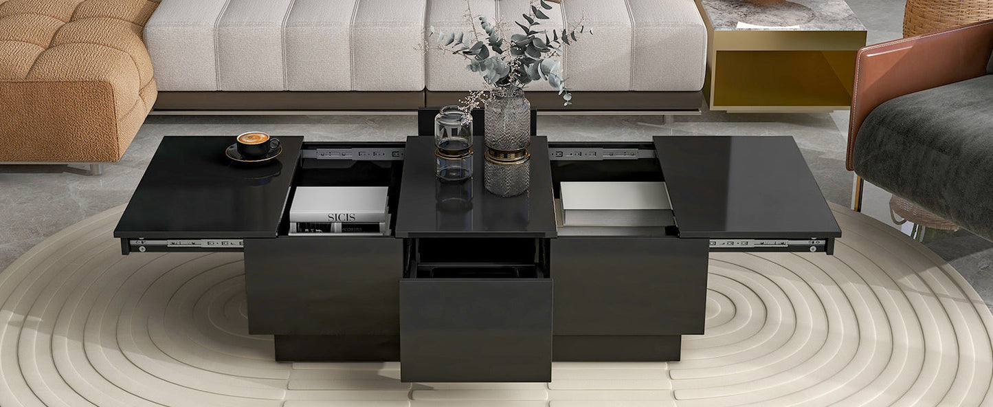 [VIDEO provided] ON-TREND Coffee Table with 2 large Hidden Storage Compartment, Extendable Cocktail Table with 2 Drawers, High-gloss Center Table with Sliding Top for Living Room, 39.3'x21.6', Black