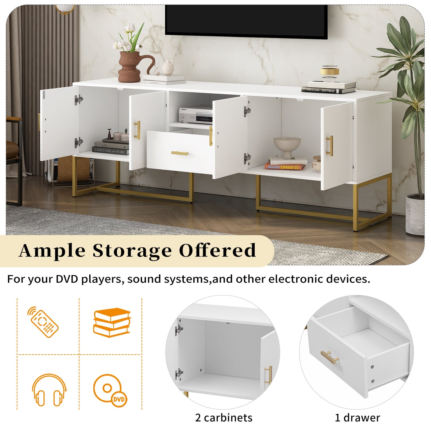 U-Can Modern TV Stand for TV up to 70 Inches,TV Cabinet with 1 Drawer, 2 Cabinets and Metal Legs, Handles and Anti-tip Device for Living room