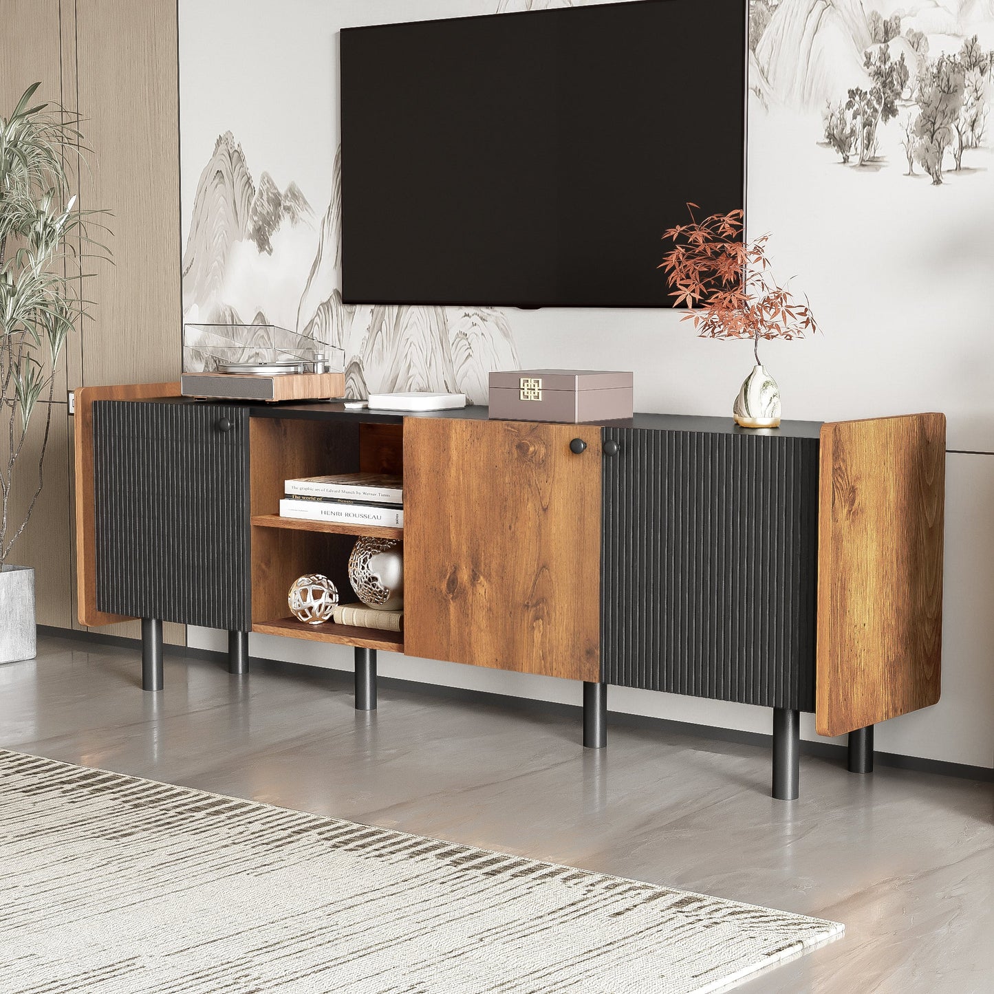 Mid Century TV Stand with 3 Cabinets, Media Console Table for TVs up to 70'', Entertainment Center with Storage for Living room, Bedroom, Black Color Top Panel & Handle
