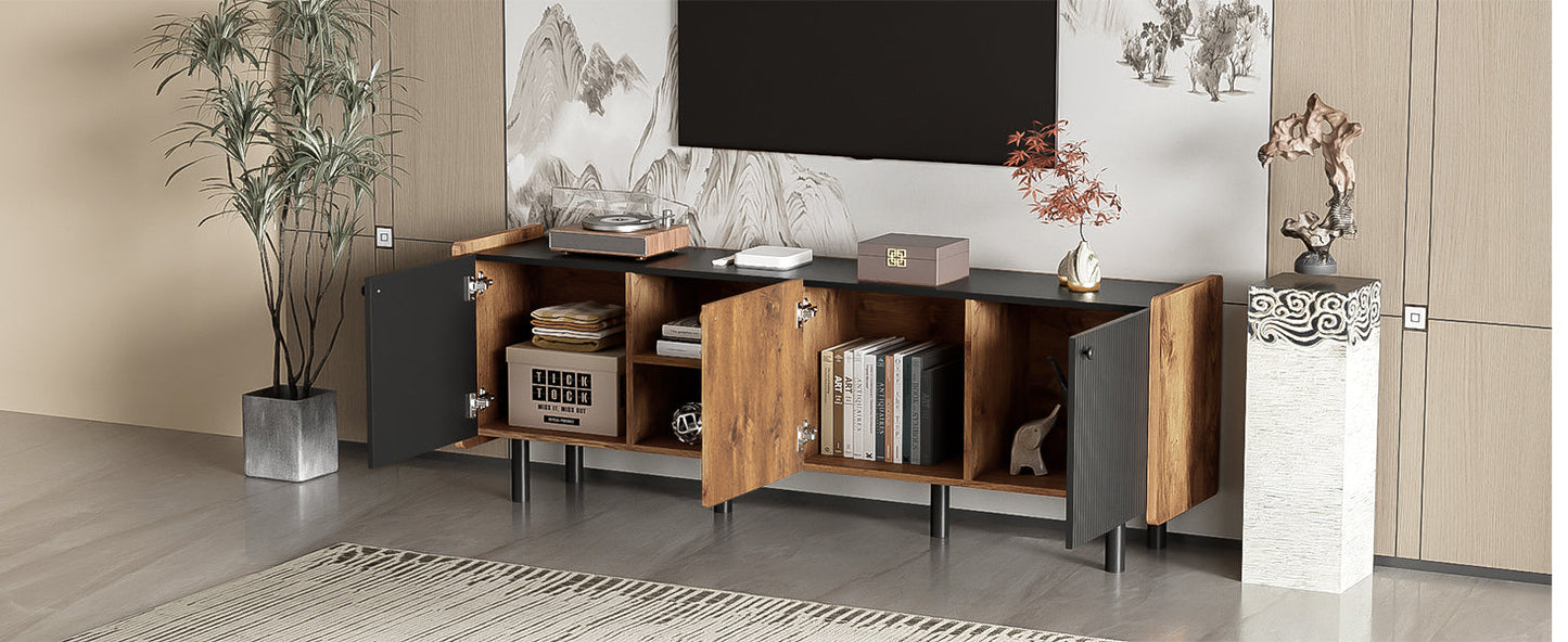 Mid Century TV Stand with 3 Cabinets, Media Console Table for TVs up to 70'', Entertainment Center with Storage for Living room, Bedroom, Black Color Top Panel & Handle