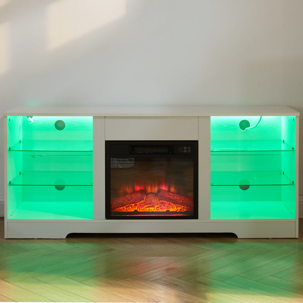 TV Stand Electric Fireplace TV Stand with Glass Shelves, 3D Fireplace TV Stand with LED Lights Wood with USB Charging Outlet Modern Television Table Center for TV up to 32-62' White 58''W*15.4''D*24.4