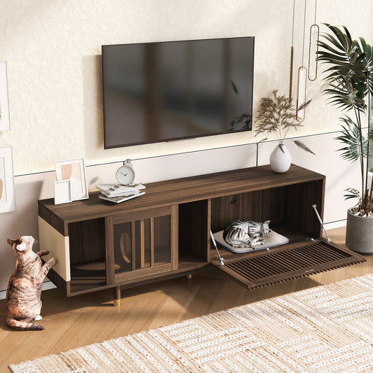 Mid-Century Modern style 2 IN 1 Cat Furniture Walnut TV STAND with Cat Scratcher, Cat house With Sliding Flip-down glass door