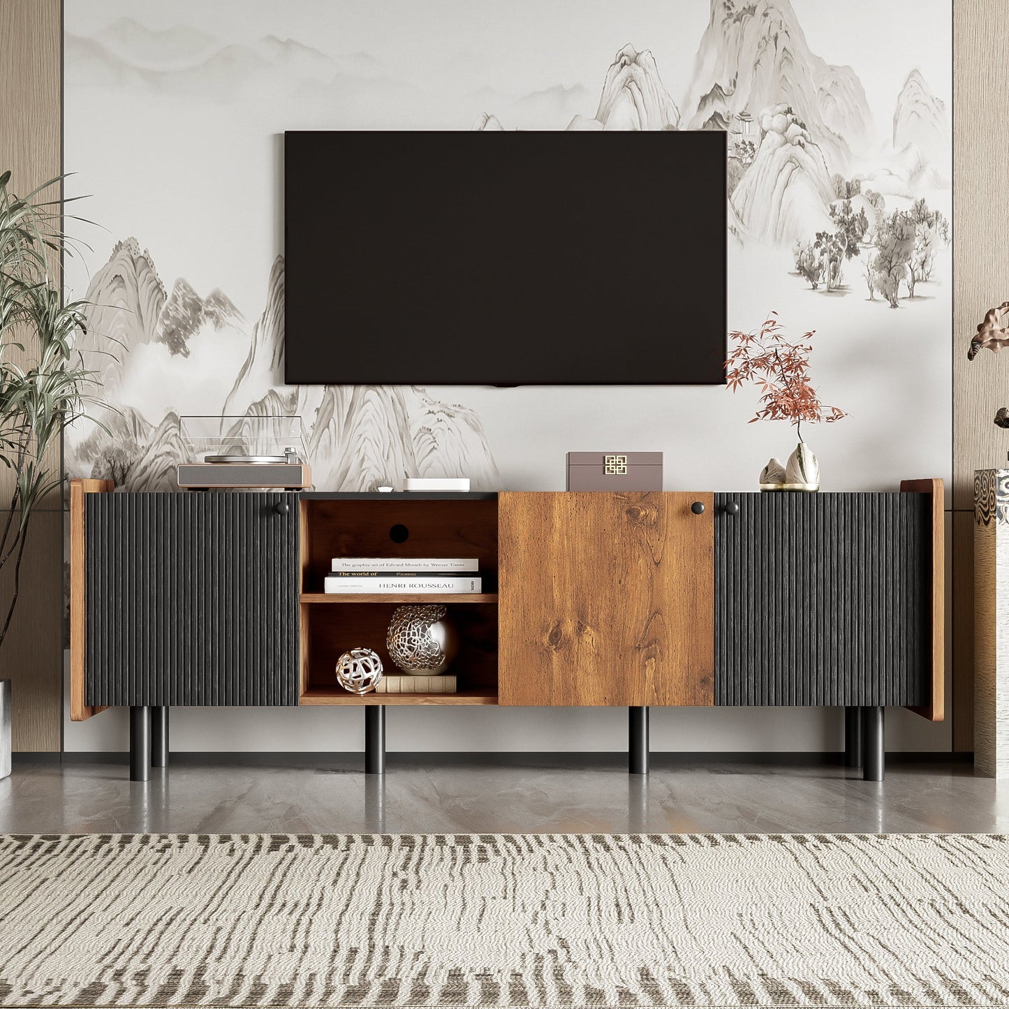 Mid Century TV Stand with 3 Cabinets, Media Console Table for TVs up to 70'', Entertainment Center with Storage for Living room, Bedroom, Black Color Top Panel & Handle