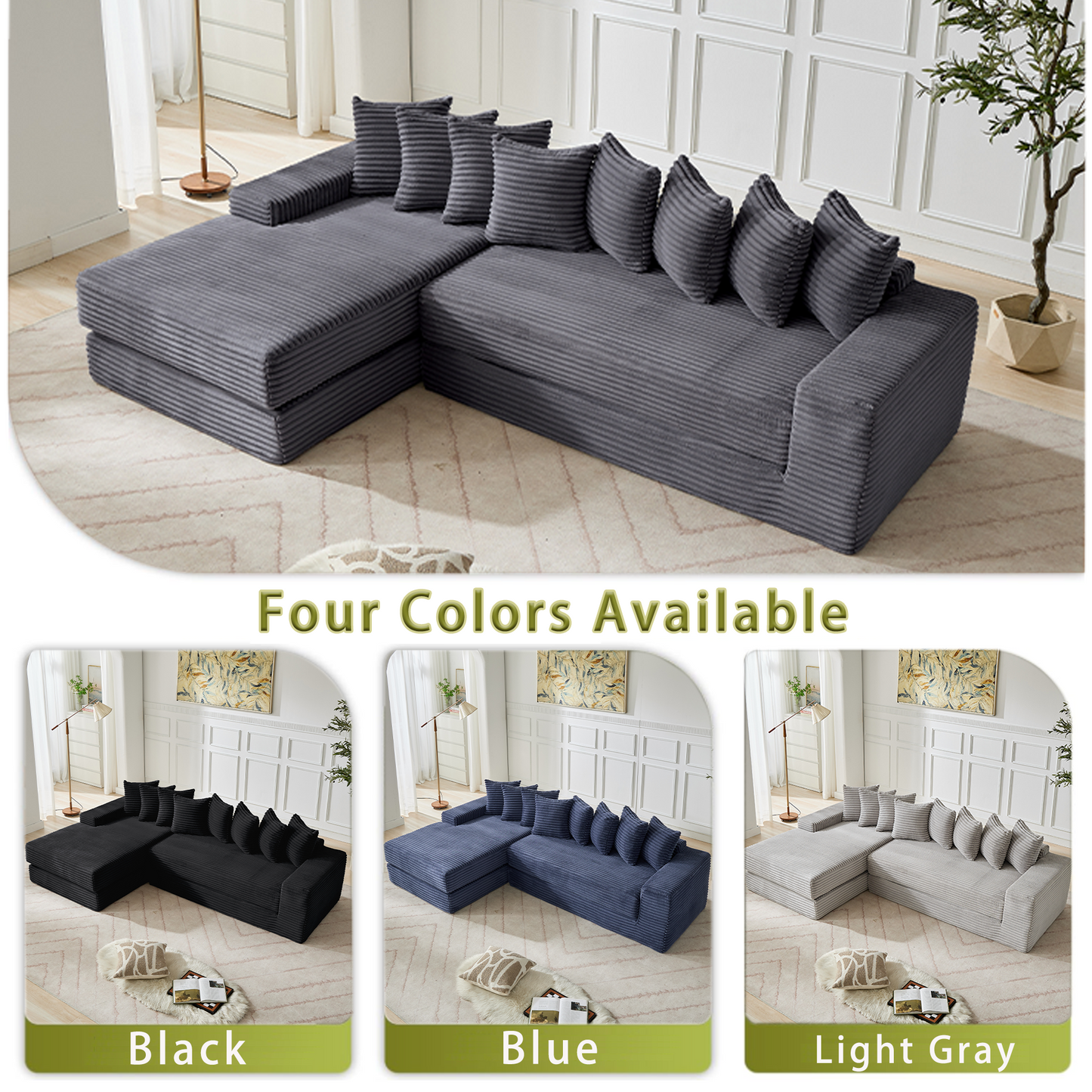 [NEW ARRIVED] [VIDEO PROVIDED] Oversize Cloud Couch, L-Shape Sofa, Convertible Floor Sleeper Sofa Bed, No Assembly ,Eight pillows,3-in-1,Side Pocket,(Left Facing Sofa),3 Seat,Corduroy,Dark Gray