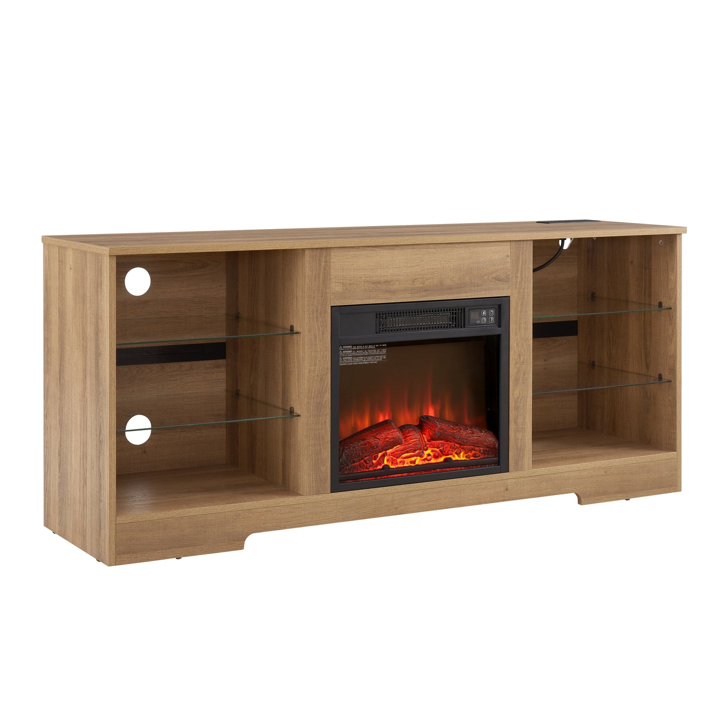 TV Stand Electric Fireplace TV Stand with Glass Shelves, 3D Fireplace TV Stand with LED Lights Wood with USB Charging Outlet Modern Television Table Center for TV up to 32-62' OAK 58'W*15.4''D*24.4