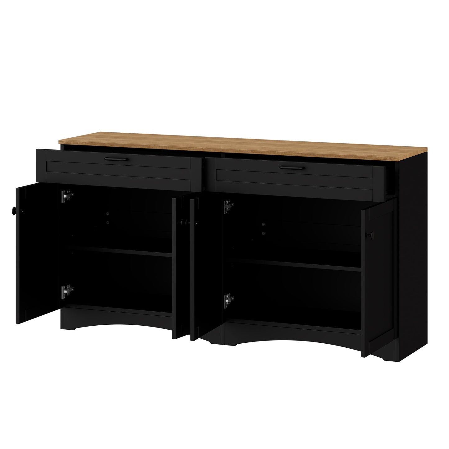 ON-TREND Farmhouse TV Stand with 2 Drawers for TVs Up to 70', Versatile Wood Grain Sideboard with Adjustable Shelves, Mid-Century Buffet Cabinet with Rustic Handles for Living Room/Bedroom, Black