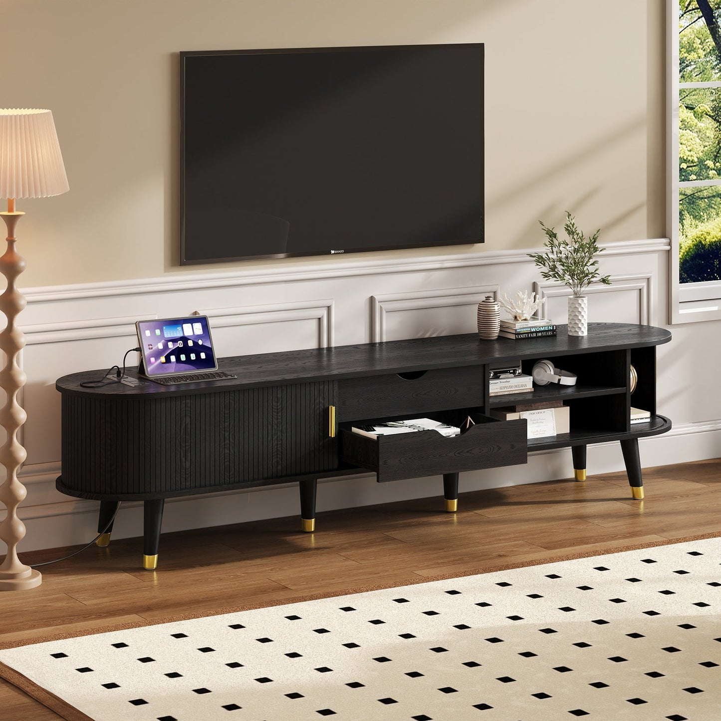 [Assembly Video]Wooden Oval Fluted TV Stand with Charging Station for TV up to 80', Mid-Century Media Console with Sliding Tambour Door, Farmhouse TV Cabinet with Golden Handle for Living Room, Black