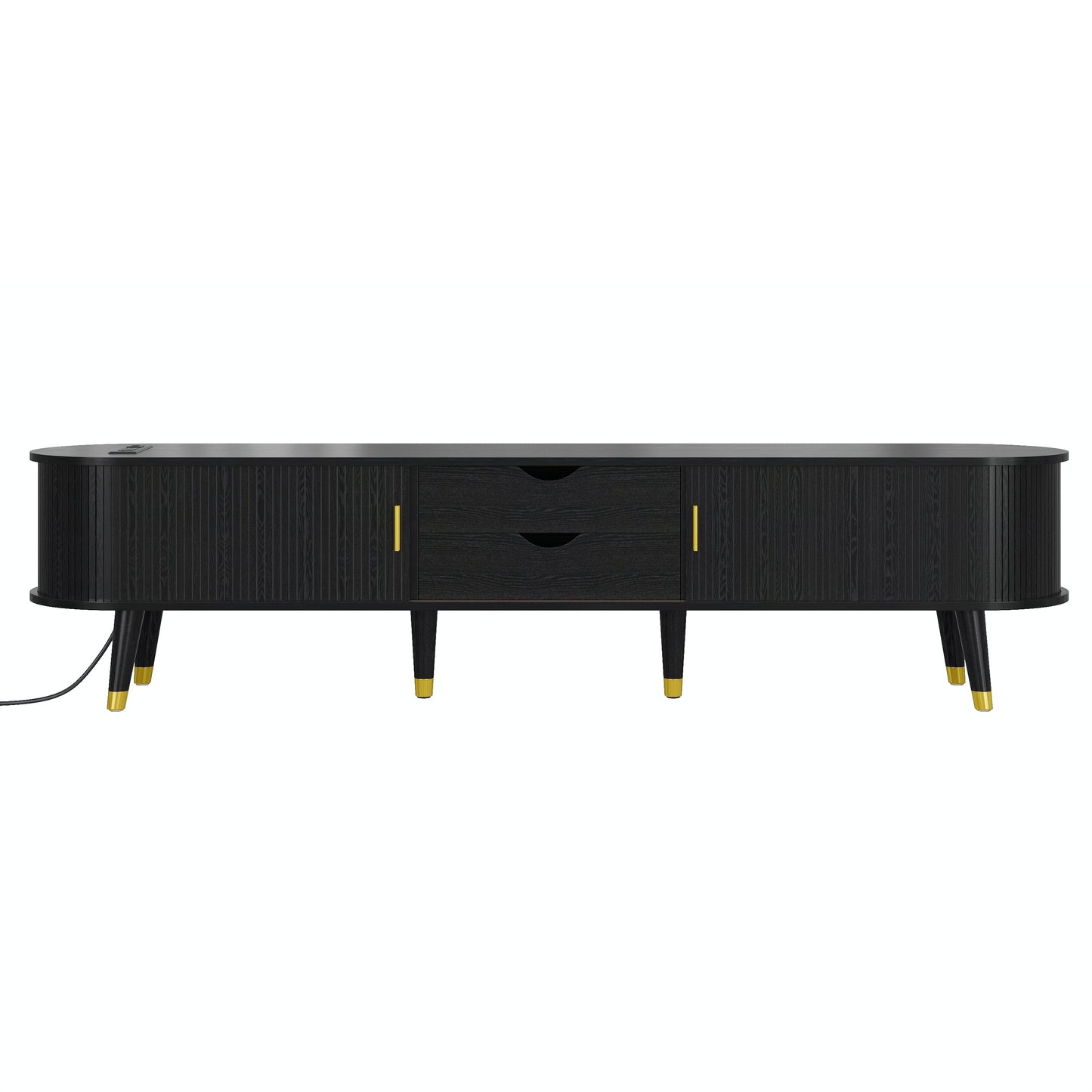 [Assembly Video]Wooden Oval Fluted TV Stand with Charging Station for TV up to 80', Mid-Century Media Console with Sliding Tambour Door, Farmhouse TV Cabinet with Golden Handle for Living Room, Black