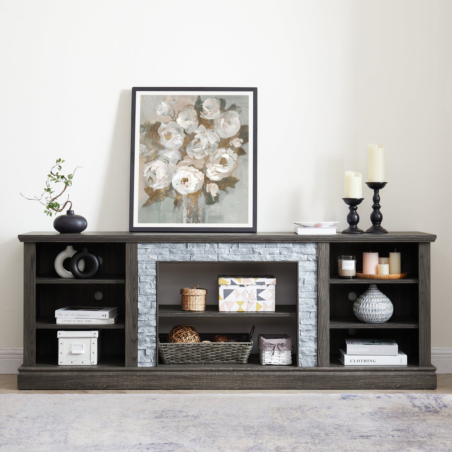 Large TV Stand TV Desk Storage Rack with Faux Stacked Stone Surround,Media Console Table with Large Storage Cabinet,Modern TV Media Entertaionment Stand,GREY, 70.12'W*15.35'D*25.83'H