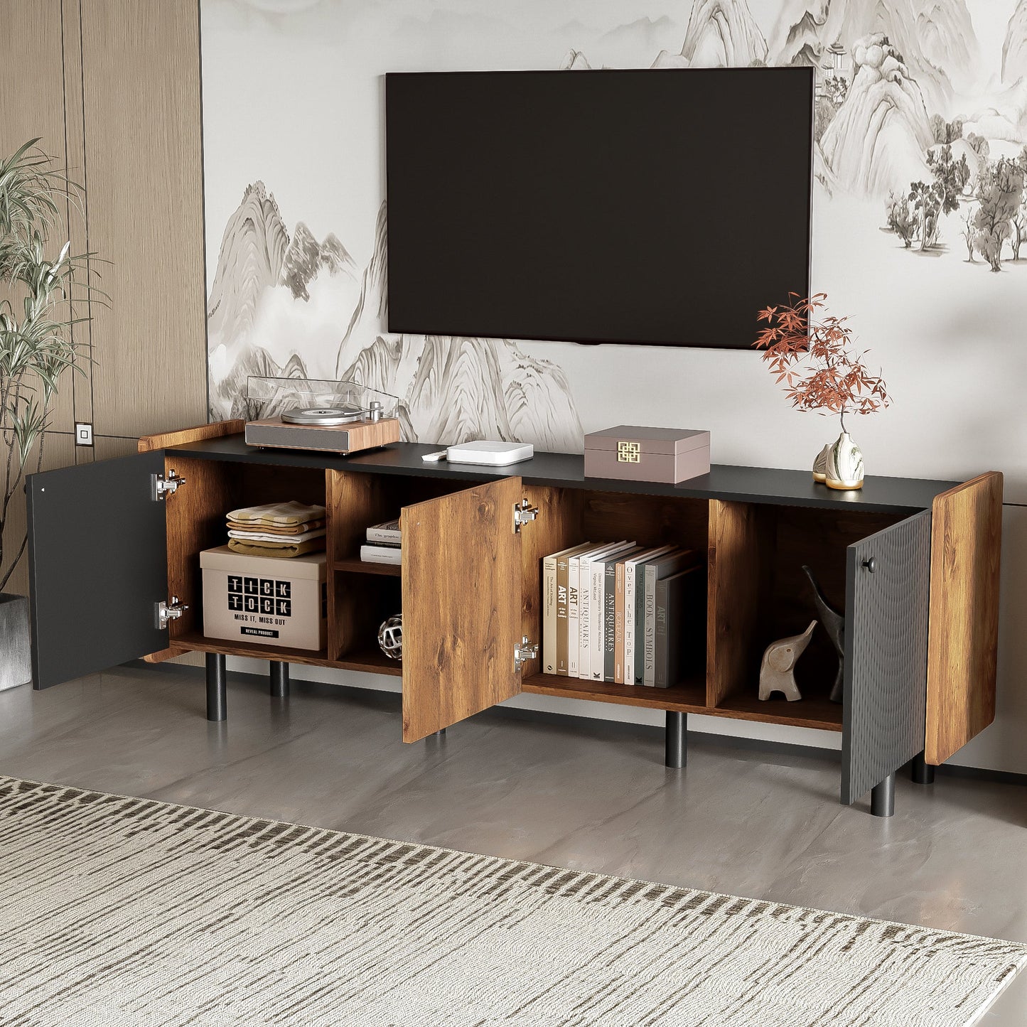 Mid Century TV Stand with 3 Cabinets, Media Console Table for TVs up to 70'', Entertainment Center with Storage for Living room, Bedroom, Black Color Top Panel & Handle
