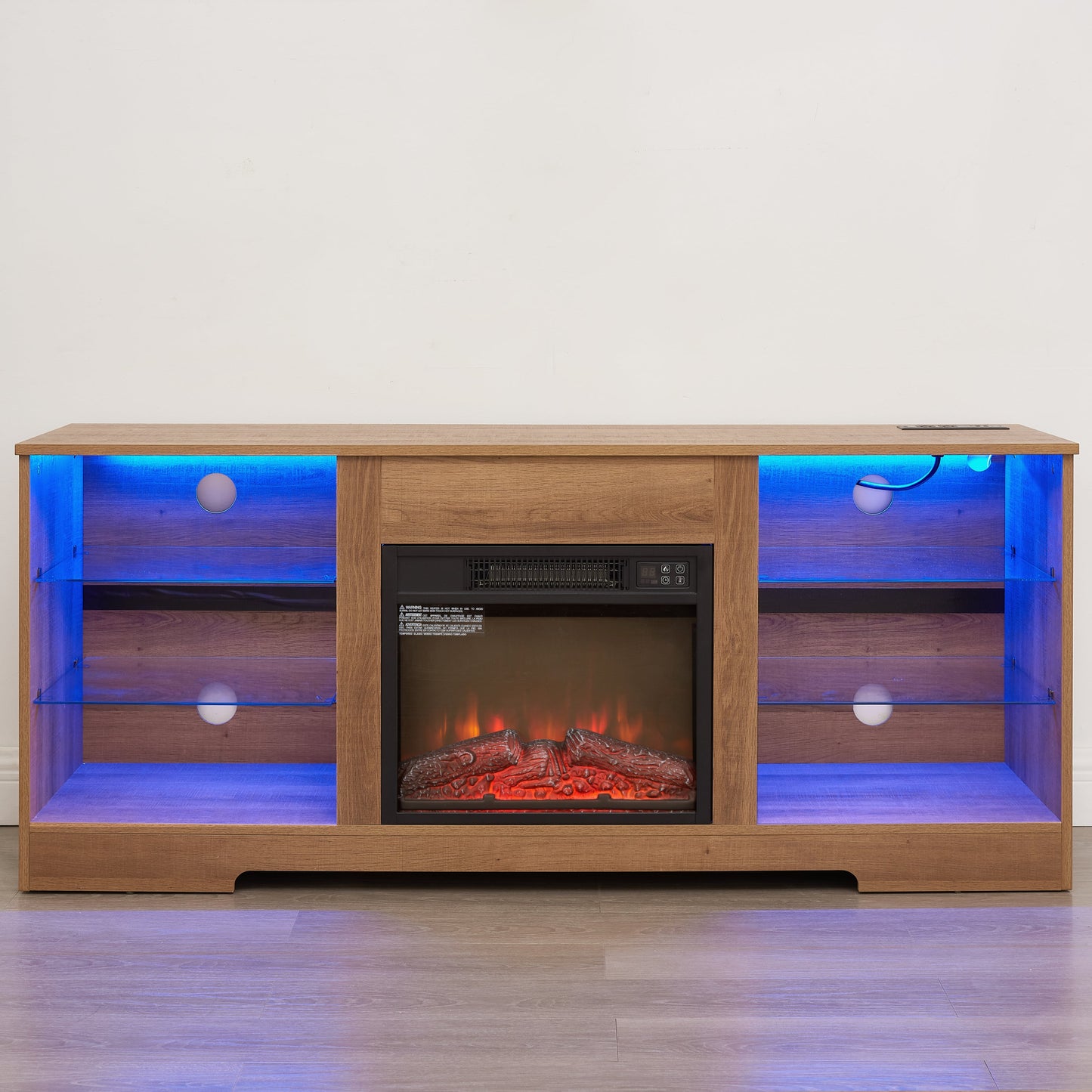 TV Stand Electric Fireplace TV Stand with Glass Shelves, 3D Fireplace TV Stand with LED Lights Wood with USB Charging Outlet Modern Television Table Center for TV up to 32-62' OAK 58'W*15.4''D*24.4