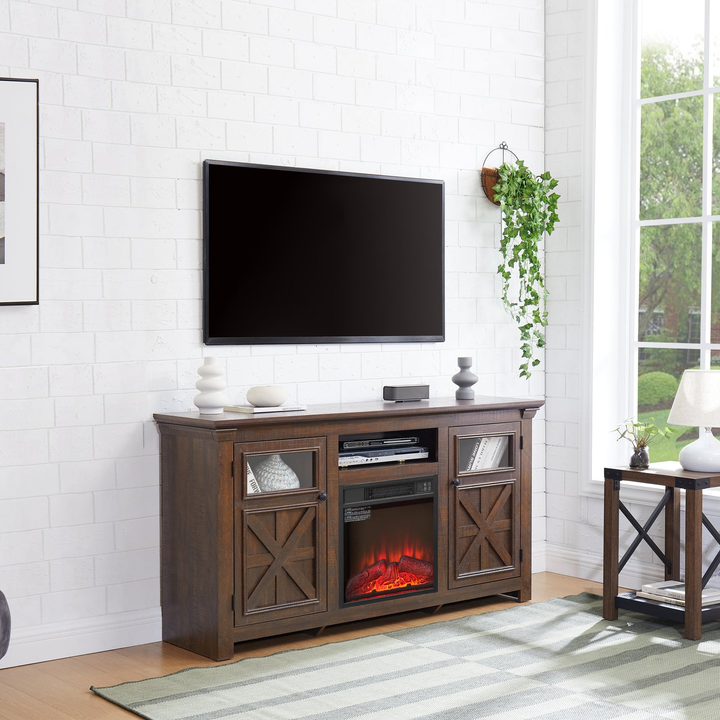 2 Doors Cabinet Farmhouse  Cabinet, Farmhouse TV Stand Barn Design,Farmhouse TV Media Stand, Large Barn Inspired Home Entertainment Console with 18' fireplace insert,Espresso,60.23'W*15.35'D*31.7'H