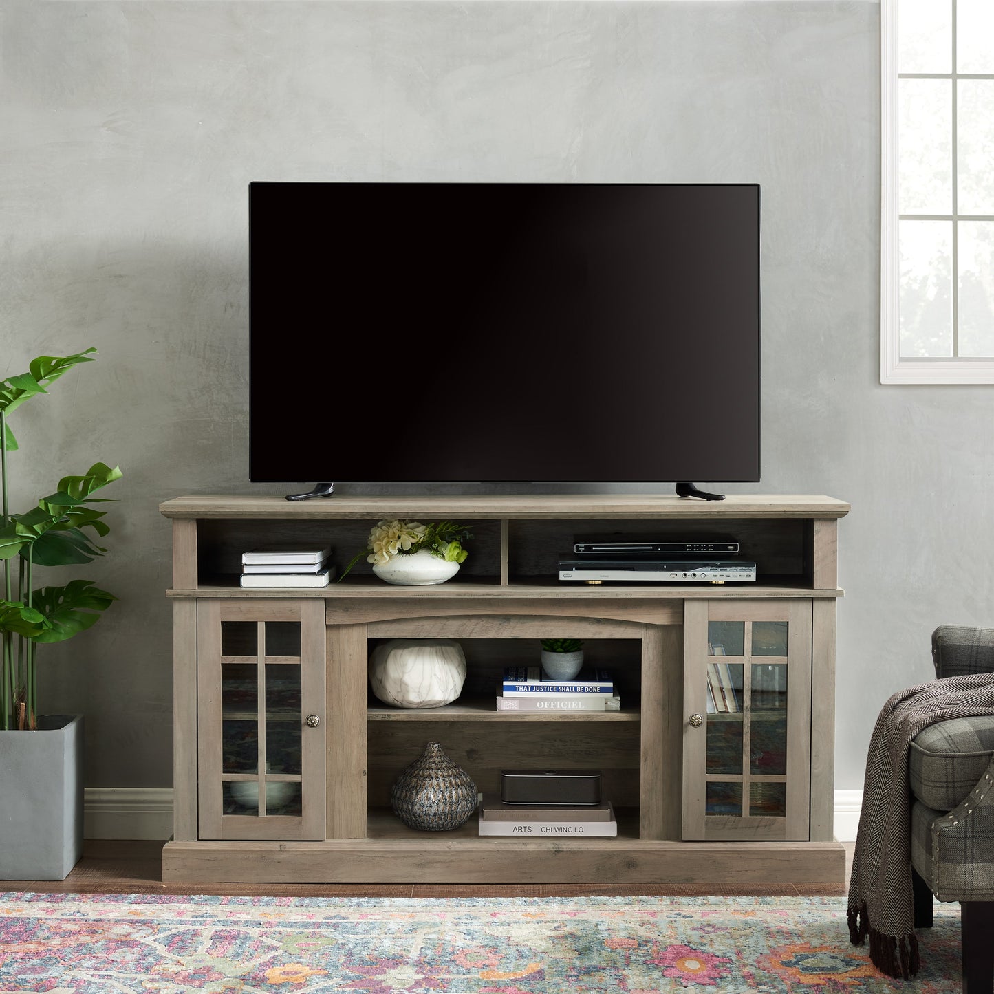 Classic TV Media Stand Modern Entertainment Console for TV Up to 65' with Open and Closed Storage Space, Gray Wash, 58.25'W*15.75'D*32'H