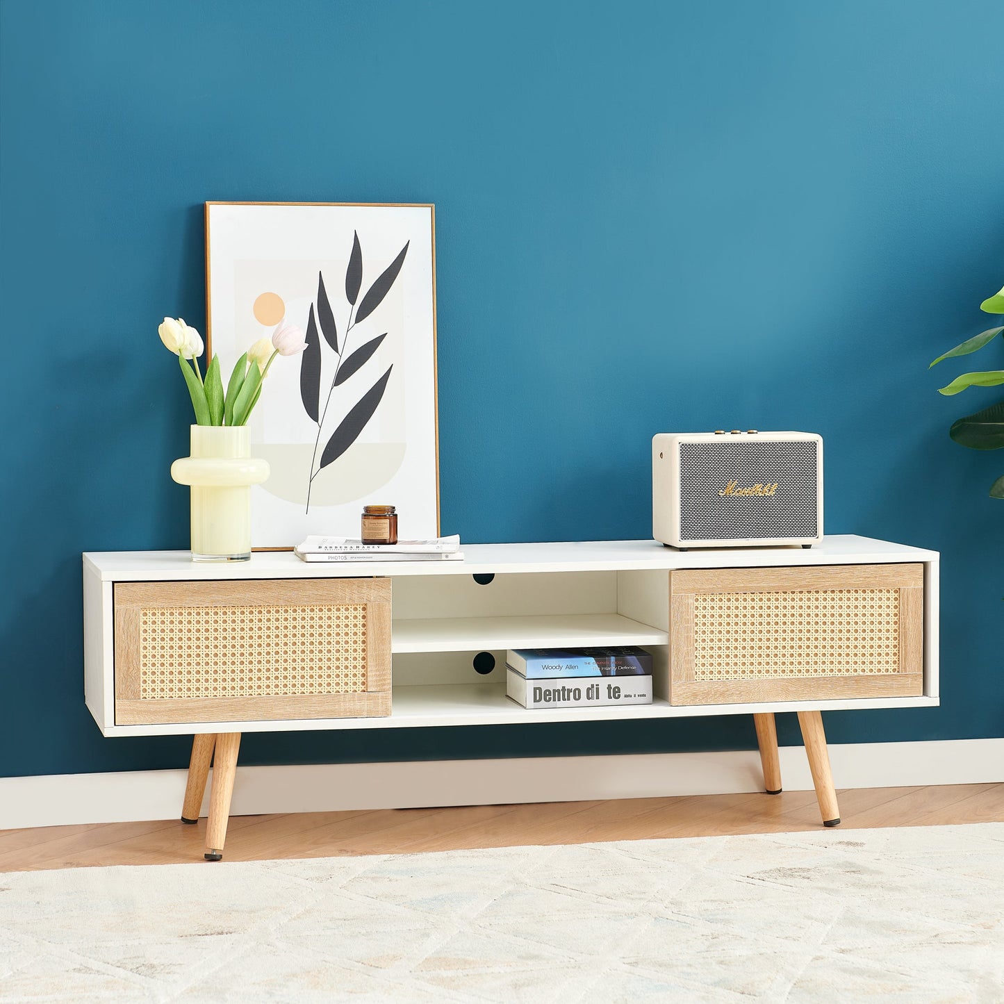 Modern Rattan TV Cabinet with Double Sliding Doors, Adjustable Shelf, Solid Wood Legs, White, 55.12 inches