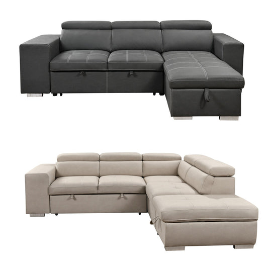 Sectional Sofa with Adjustable Headrest ,Sleeper Sectional Pull Out Couch Bed with Storage Ottoman and 2 Stools,Beige+Grey