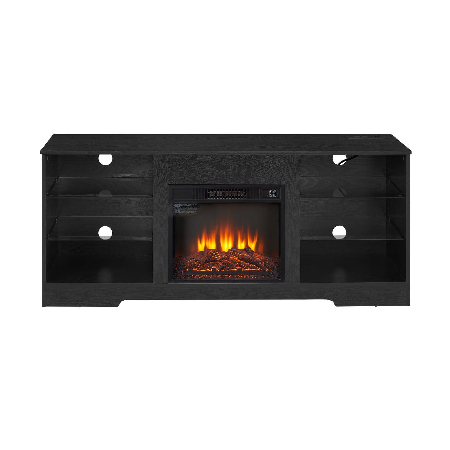 TV Stand Electric Fireplace TV Stand with Glass Shelves, 3D Fireplace TV Stand with LED Lights Wood with USB Charging Outlet Modern Television Table Center for TV up to 32-62' Black 58''W*15.4''D*24.4