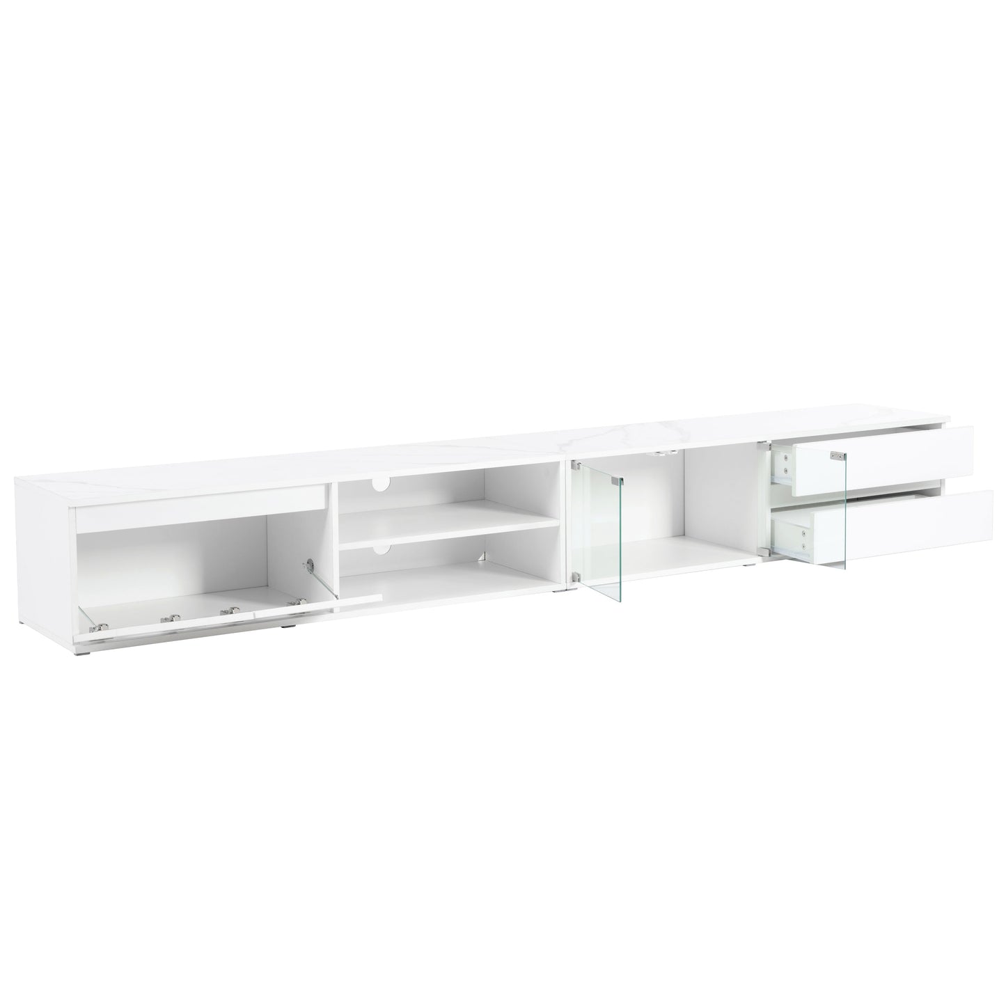 ON-TREND Modern APP Controlled LED TV Stand for TVs Up to 105'', Faux Marble Tabletop Media Console with Tempered Glass Doors, Entertainment Center with 2 Drawers & Cabinets for Living Room, White