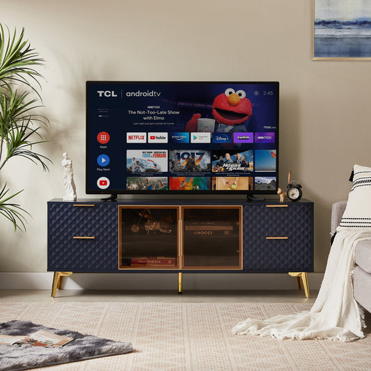 Deluxe Sculpted Modern Fashion Geometric Style TV Stand, Aluminum Frame Tempered Glass Door 4 Drawer Chest with Adjustable Metal Feet ,Dark Blue,59.9'L x 15.7'W x 21.7'H