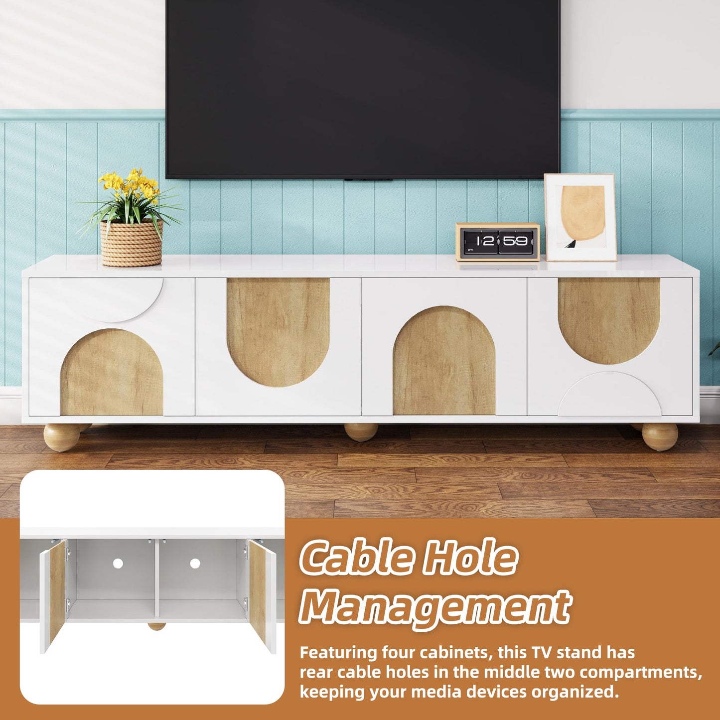 Farmhouse TV Stand with Cable Holes for TVs up to 75', Cream Style Media Console with Rebound Device, Elegant Entertainment Center with 5 Solid Wood Legs for Living Room, Bedroom, White, 69.6'W