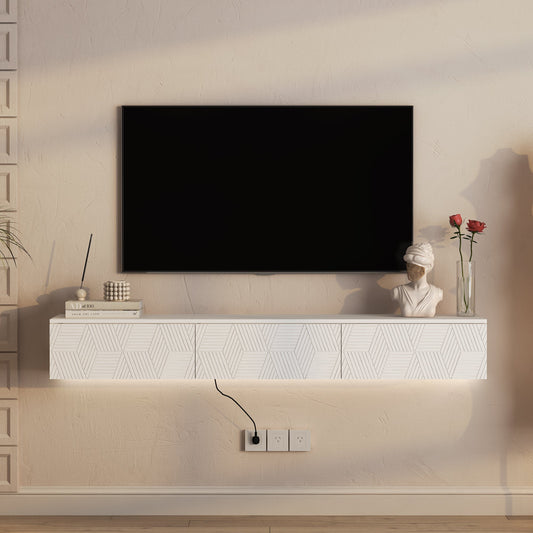 Floating TV Stand Wall Mounted with 16 Color LEDs,67' Modern TV Stand, Floating TV Cabinet Entertainment Center for 55 60 65 Inch TV,White