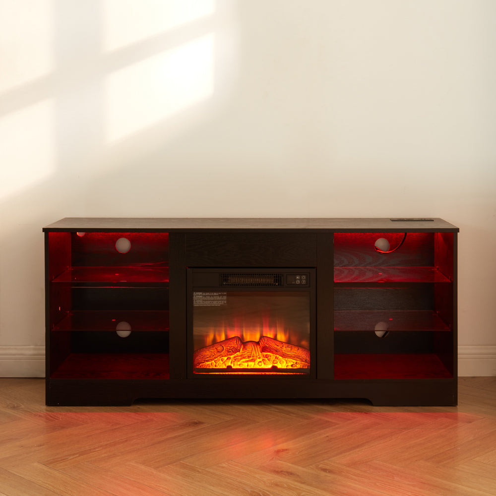 TV Stand Electric Fireplace TV Stand with Glass Shelves, 3D Fireplace TV Stand with LED Lights Wood with USB Charging Outlet Modern Television Table Center for TV up to 32-62' Black 58''W*15.4''D*24.4
