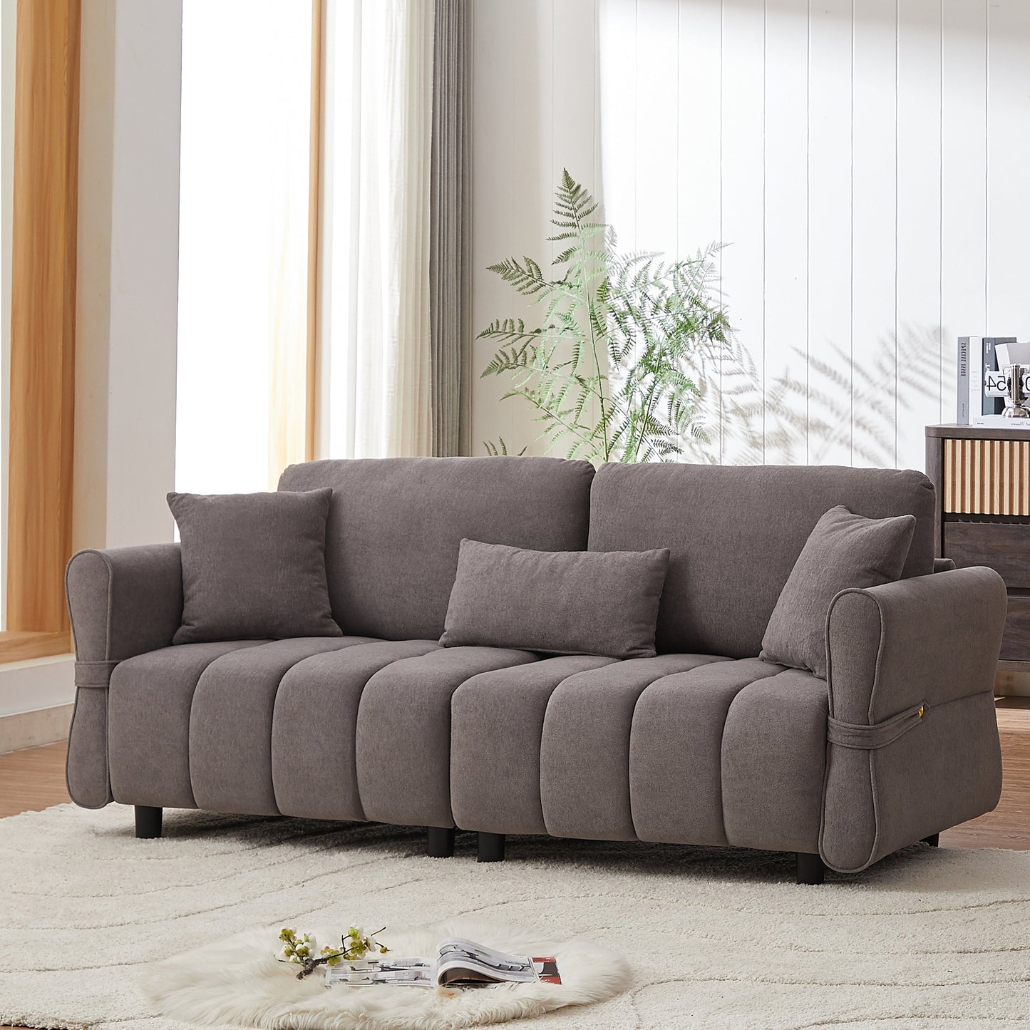 80''Premium chenille fabric sofa with 2 cushions and 1 lumbar pillow Armrest strap design,,upholstered 3-seater sofa  for living rooms, bedrooms,apartments and offices Grey