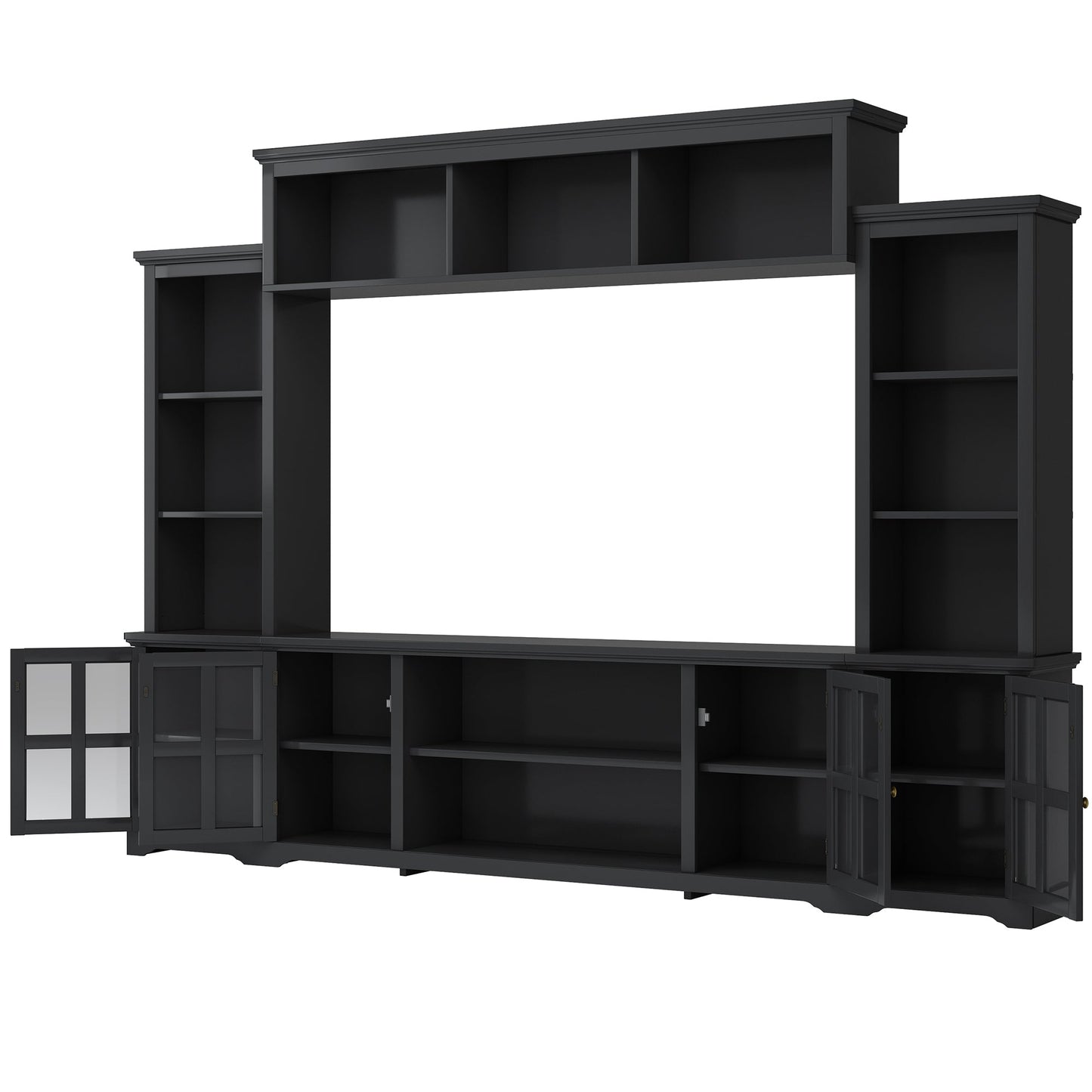 [VIDEO provided] ON-TREND Minimalism Entertainment Wall Unit with Bridge, Modern TV Console Table for TVs Up to 70', Multifunctional TV Stand with Tempered Glass Door, Black (Old SKU: SD000009AAB)