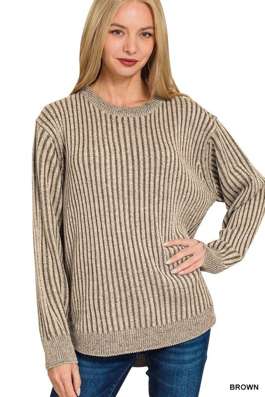 Zenana Curved Hem Two-Tone Ribbed Sweater - Lee's Retail 